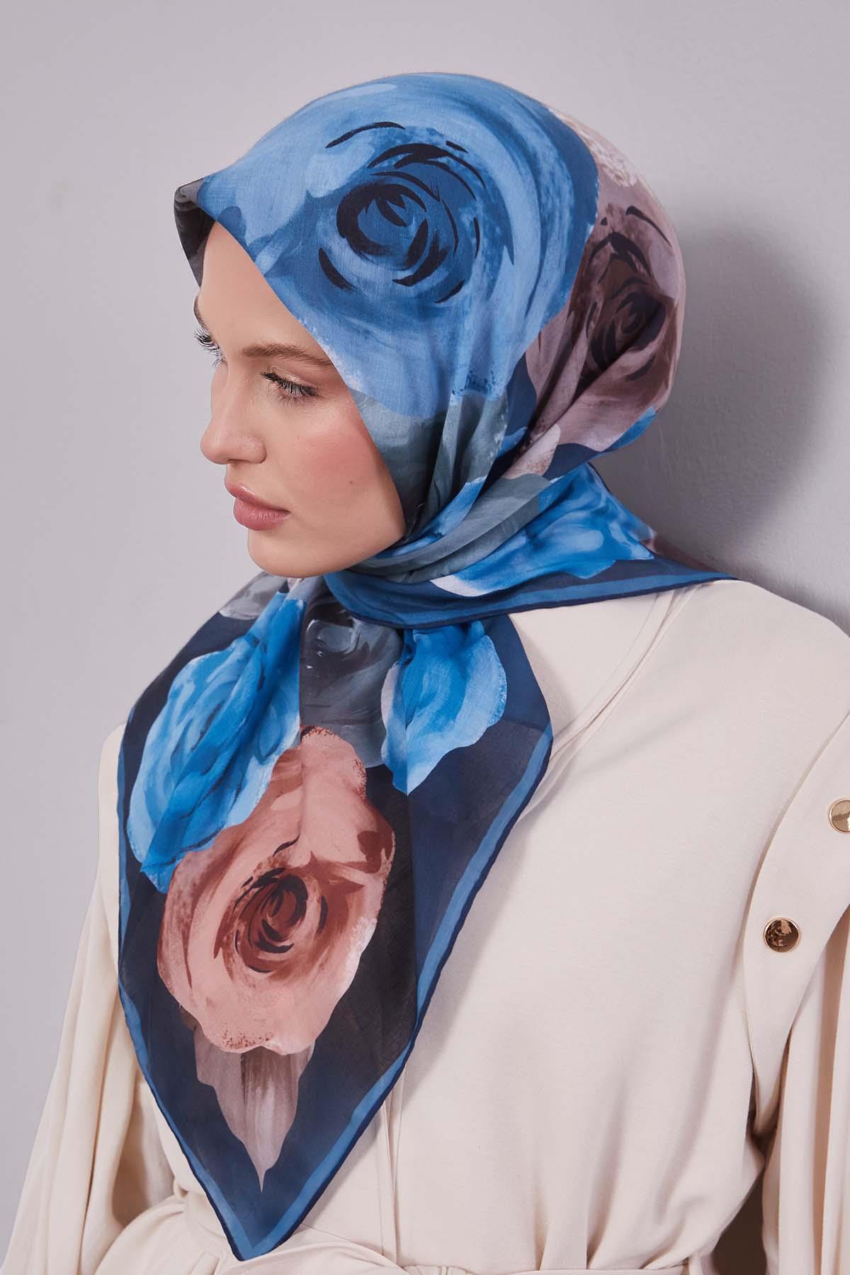 Fivescarf Turkuaz Çiçek Desen Slik Coton Eşarp