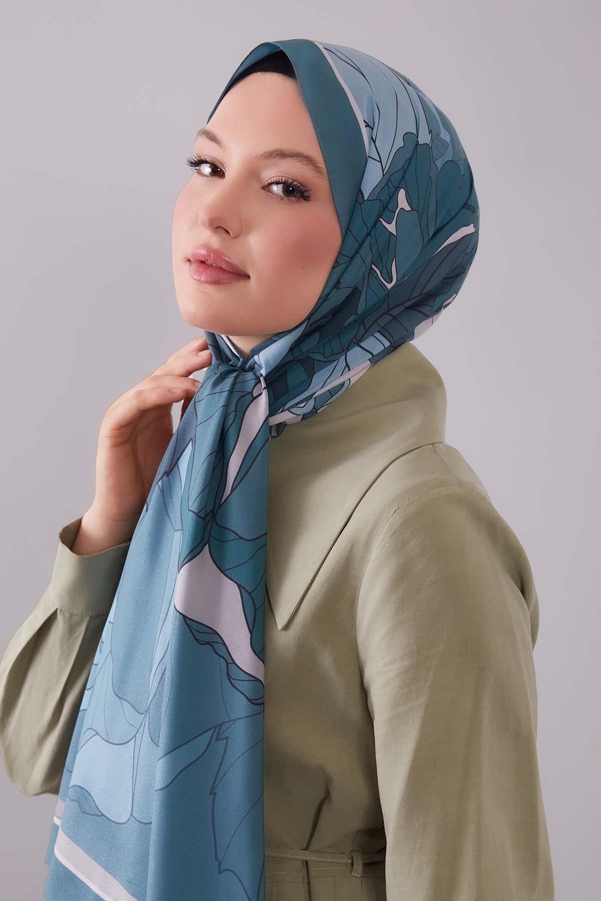 Fivescarf Turkuaz Çiçekli Floral Desen Moos Chrep Şal