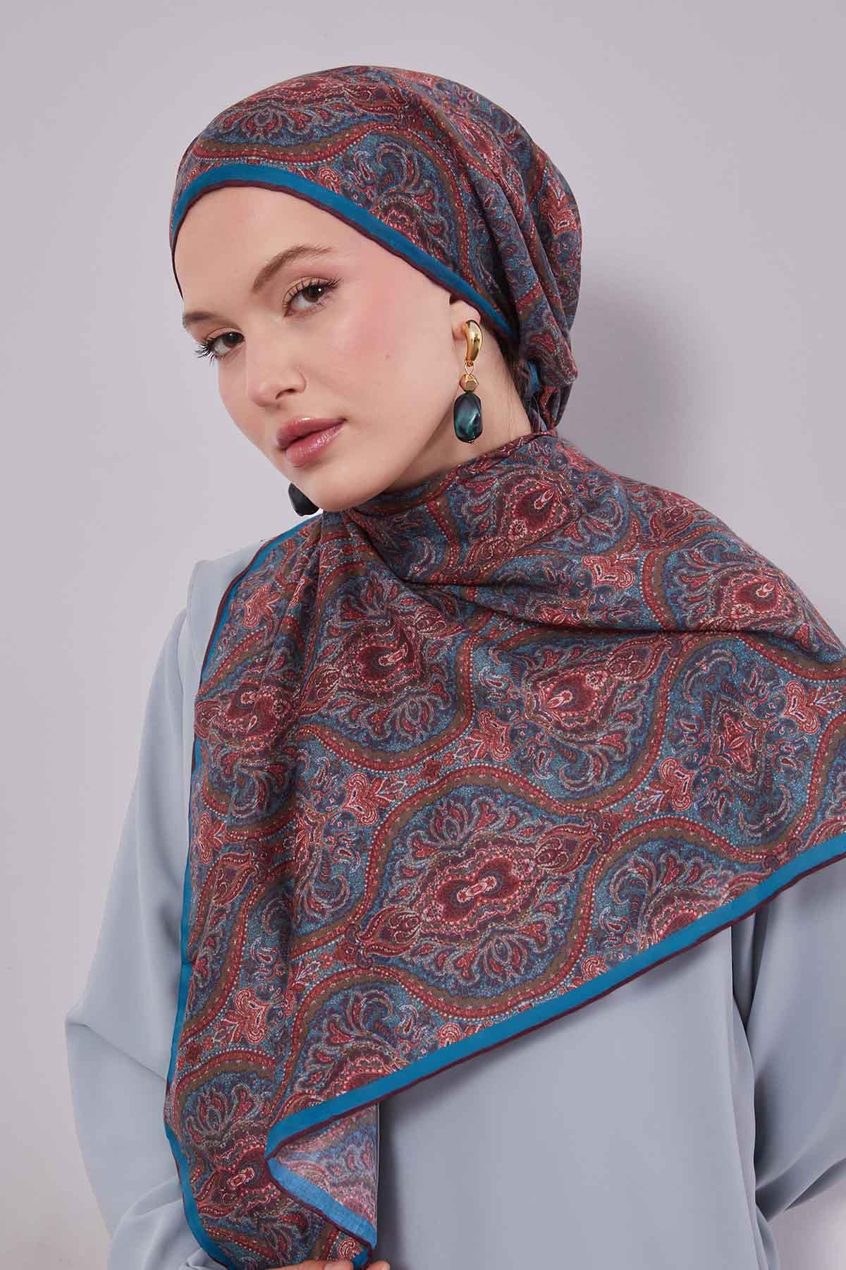 Fivescarf Turkuaz Çini Desen Silk Coton Eşarp