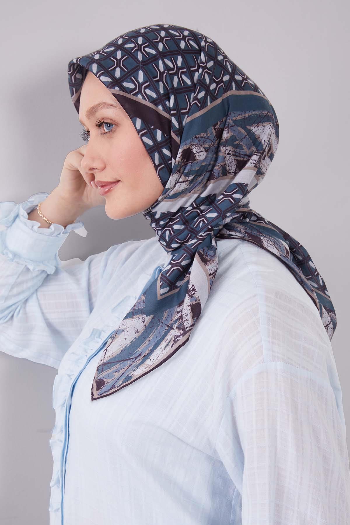 Fivescarf Turkuaz Geometri Desen Silk Cotton Eşarp