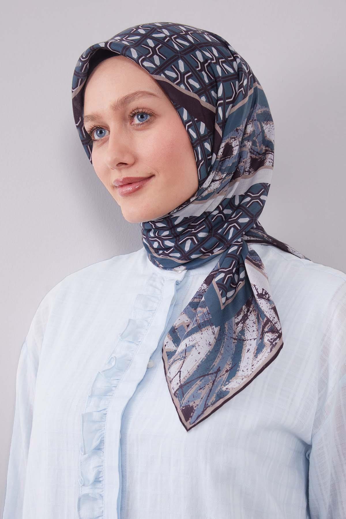 Fivescarf Turkuaz Geometri Desen Silk Cotton Eşarp