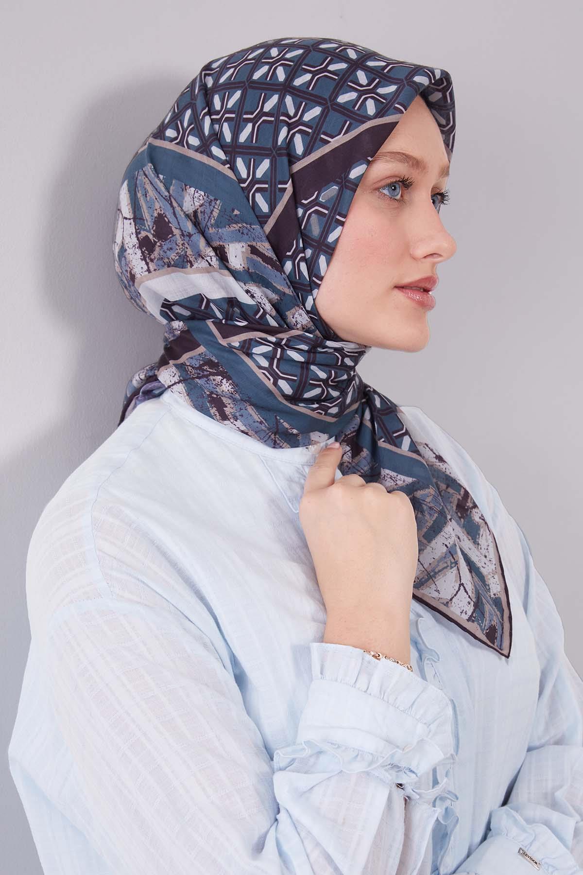 Fivescarf Turkuaz Geometri Desen Silk Cotton Eşarp