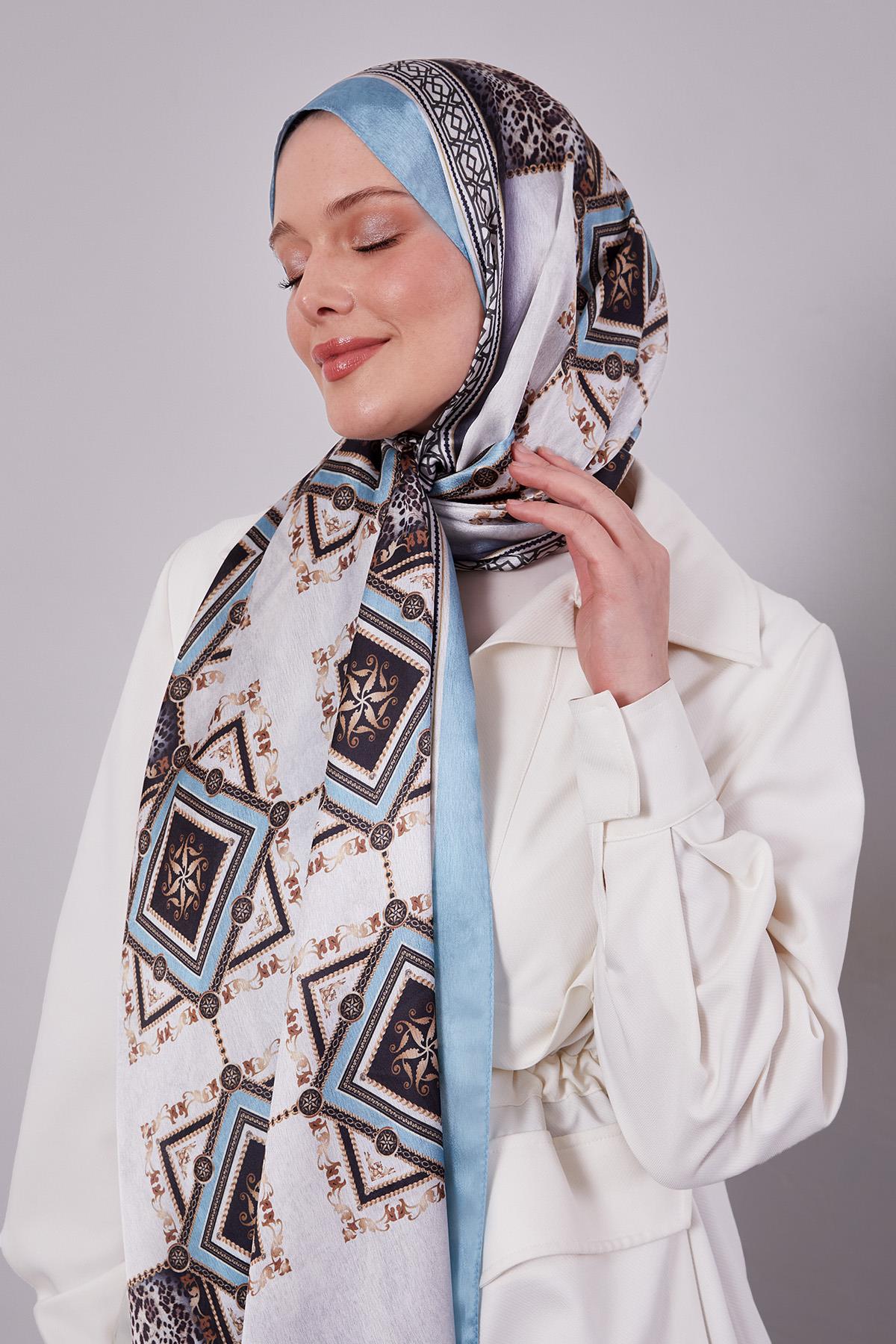 Fivescarf Turkuaz Geometrik Desen Vual İpek Şal