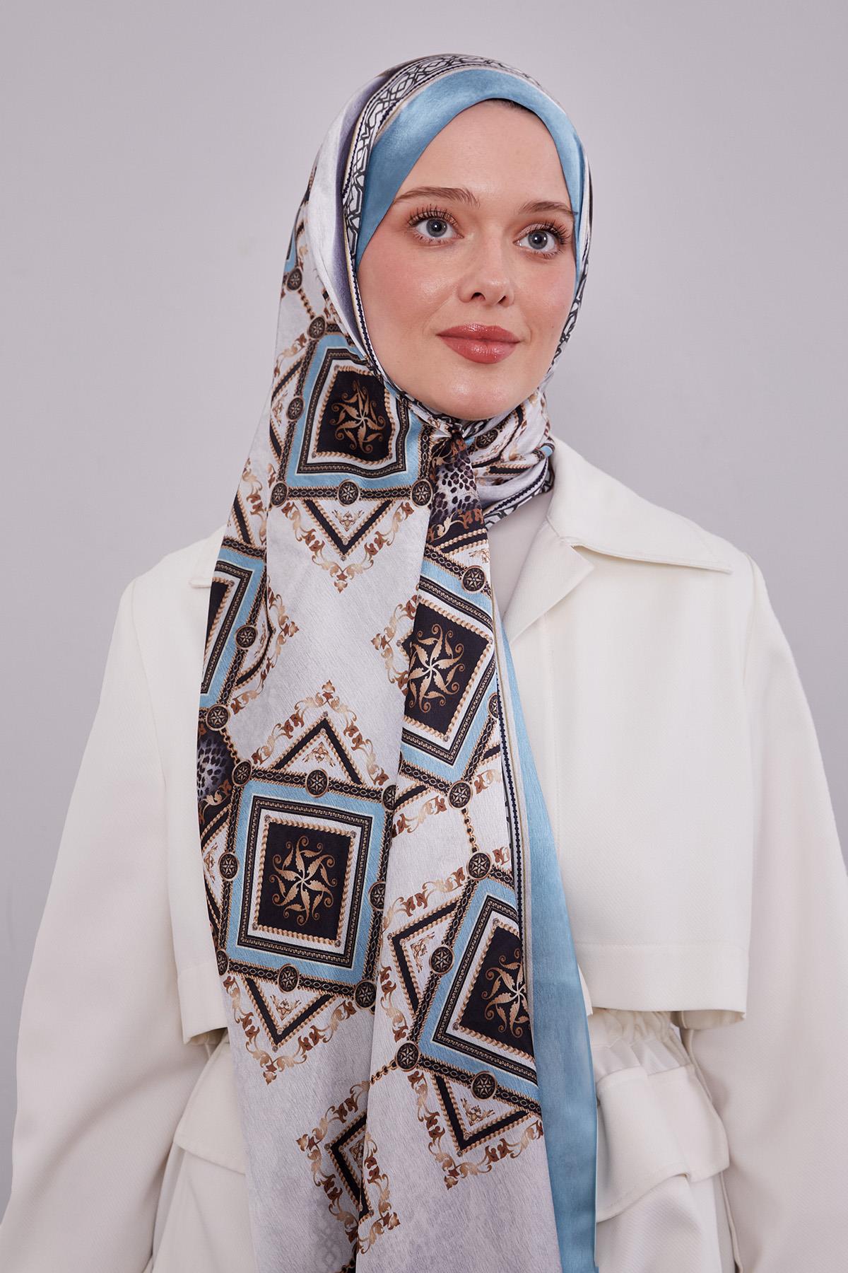 Fivescarf Turkuaz Geometrik Desen Vual İpek Şal