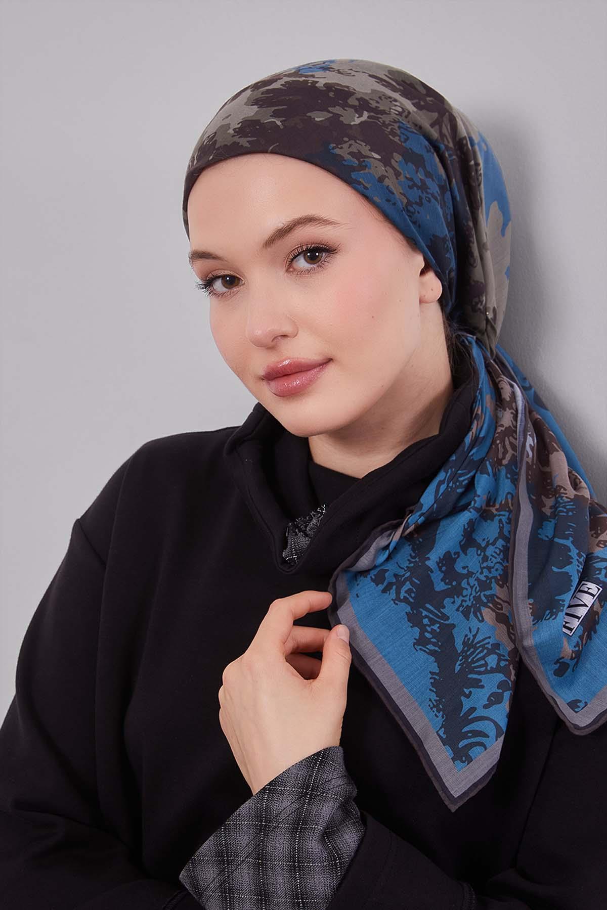 Fivescarf Turkuaz Karışık Desen Silk Coton Eşarp