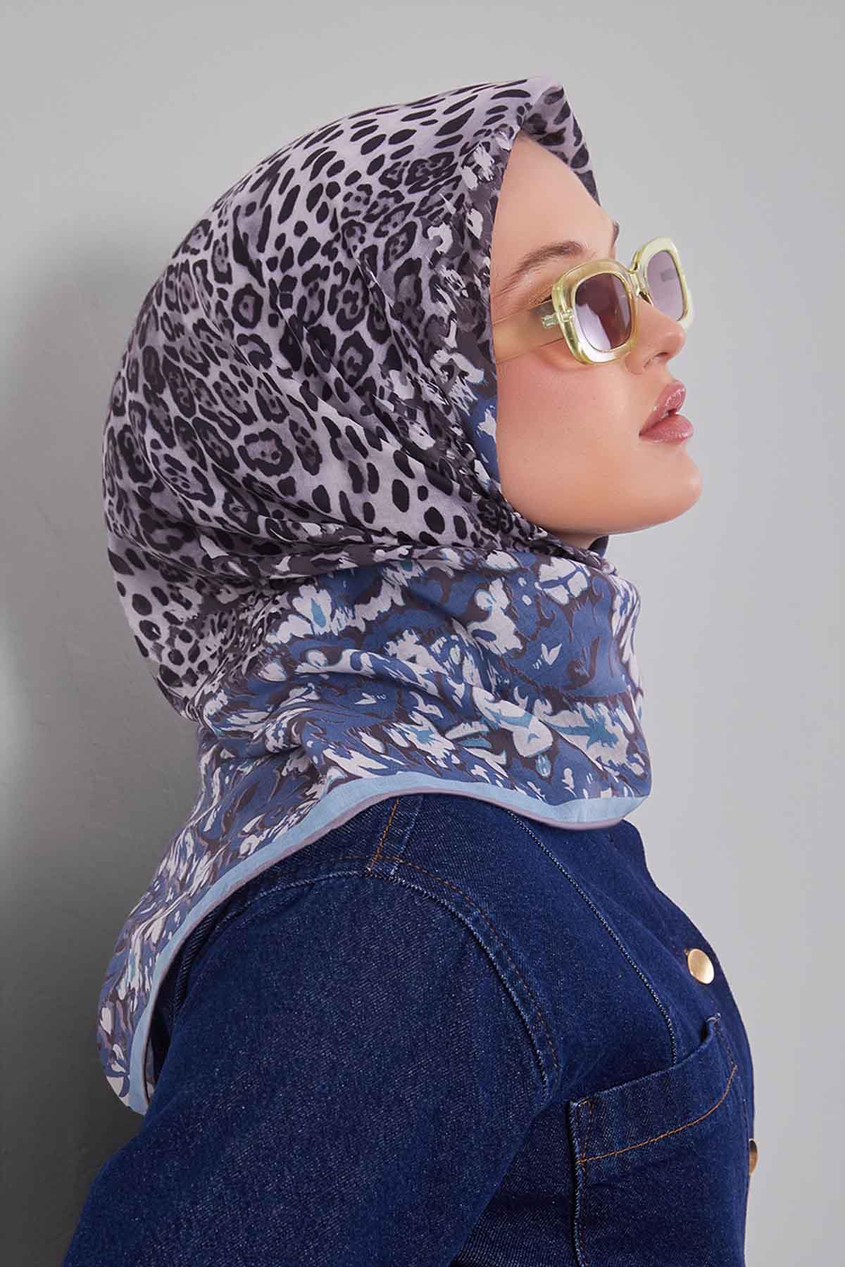 Fivescarf Turkuaz Karışık Leopar Desen Silk Coton Eşarp