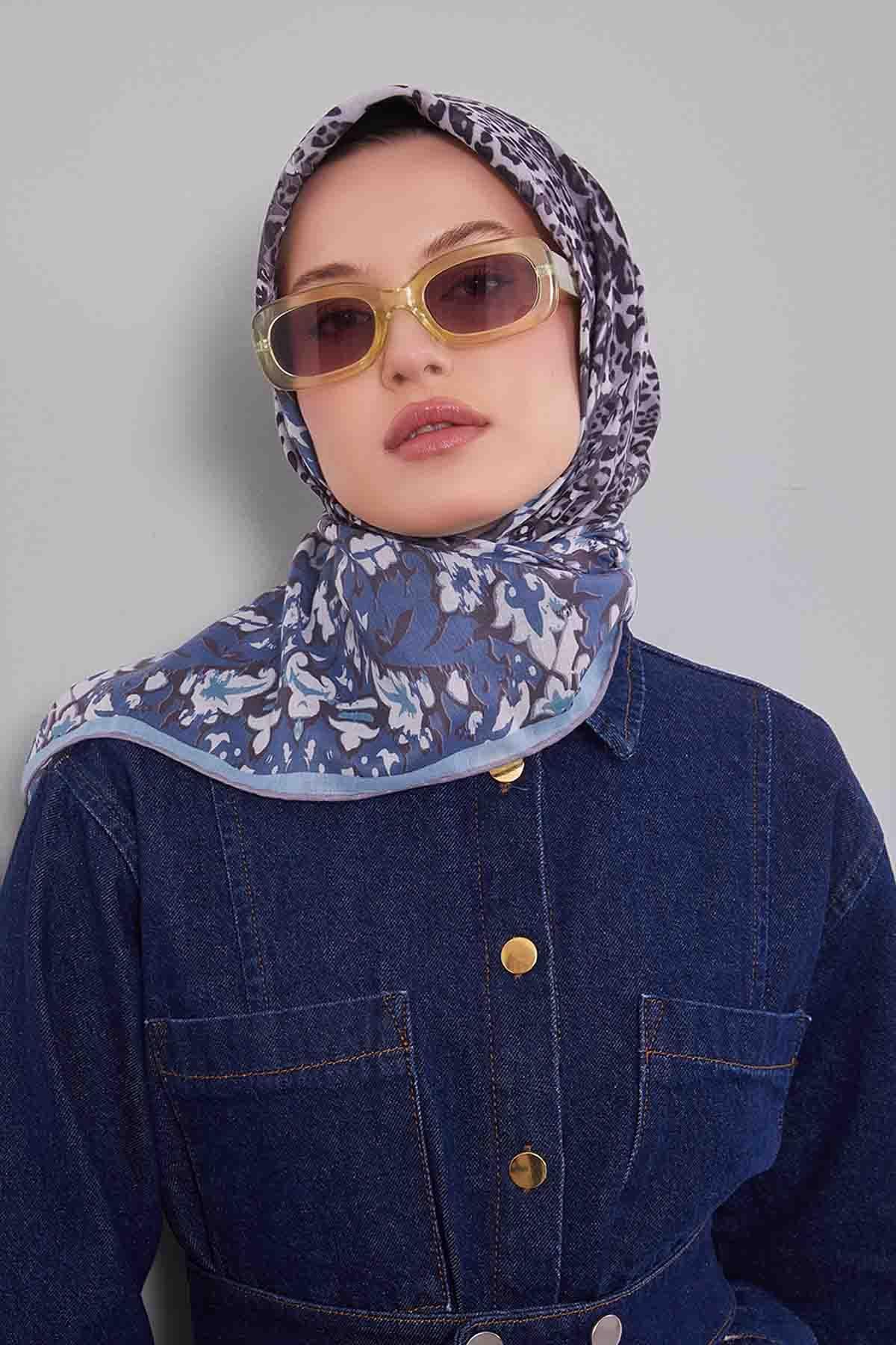 Fivescarf Turkuaz Karışık Leopar Desen Silk Coton Eşarp