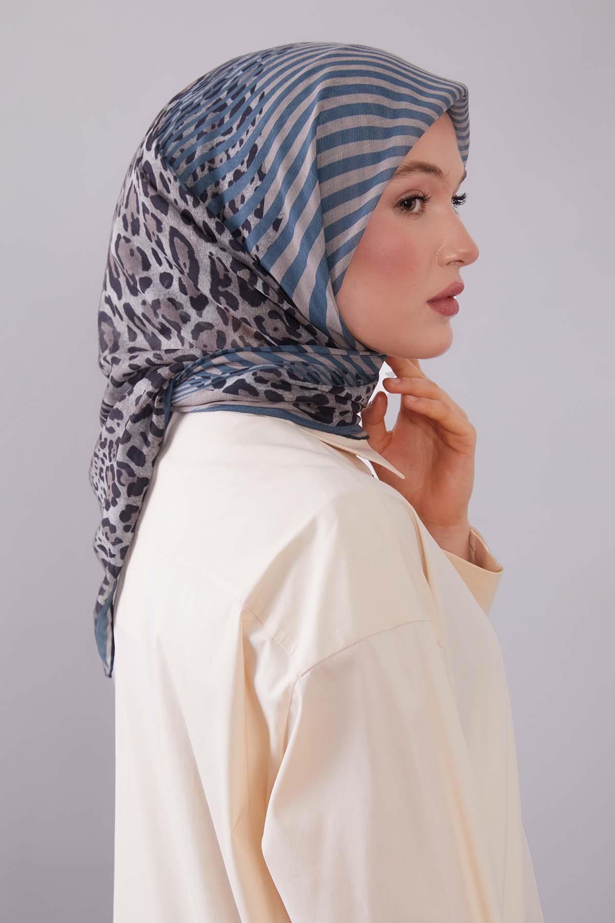 Fivescarf Turkuaz Leopar Desen Silk Coton Eşarp