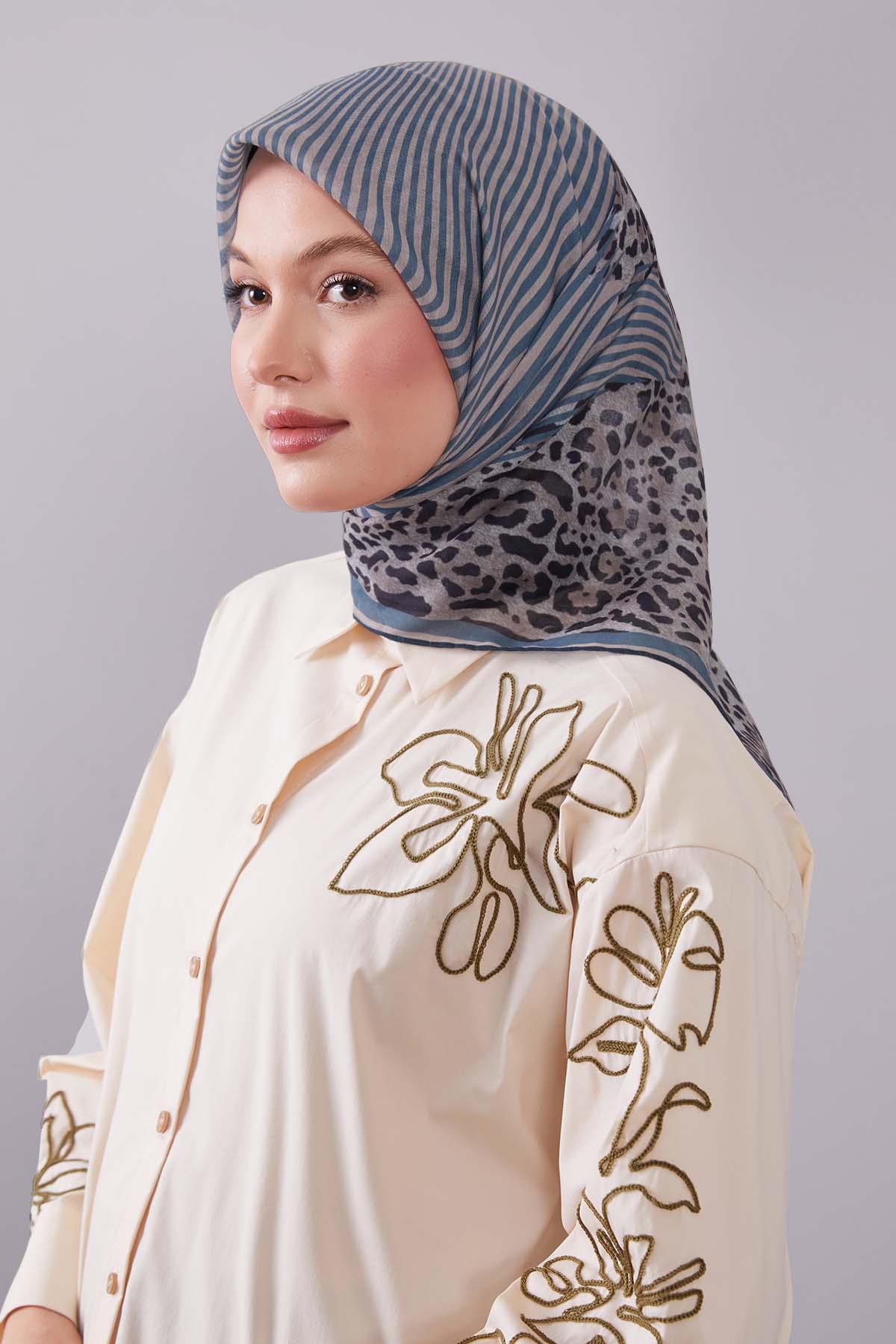 Fivescarf Turkuaz Leopar Desen Silk Coton Eşarp
