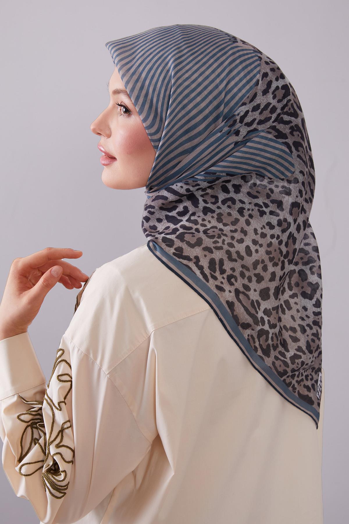 Fivescarf Turkuaz Leopar Desen Silk Coton Eşarp