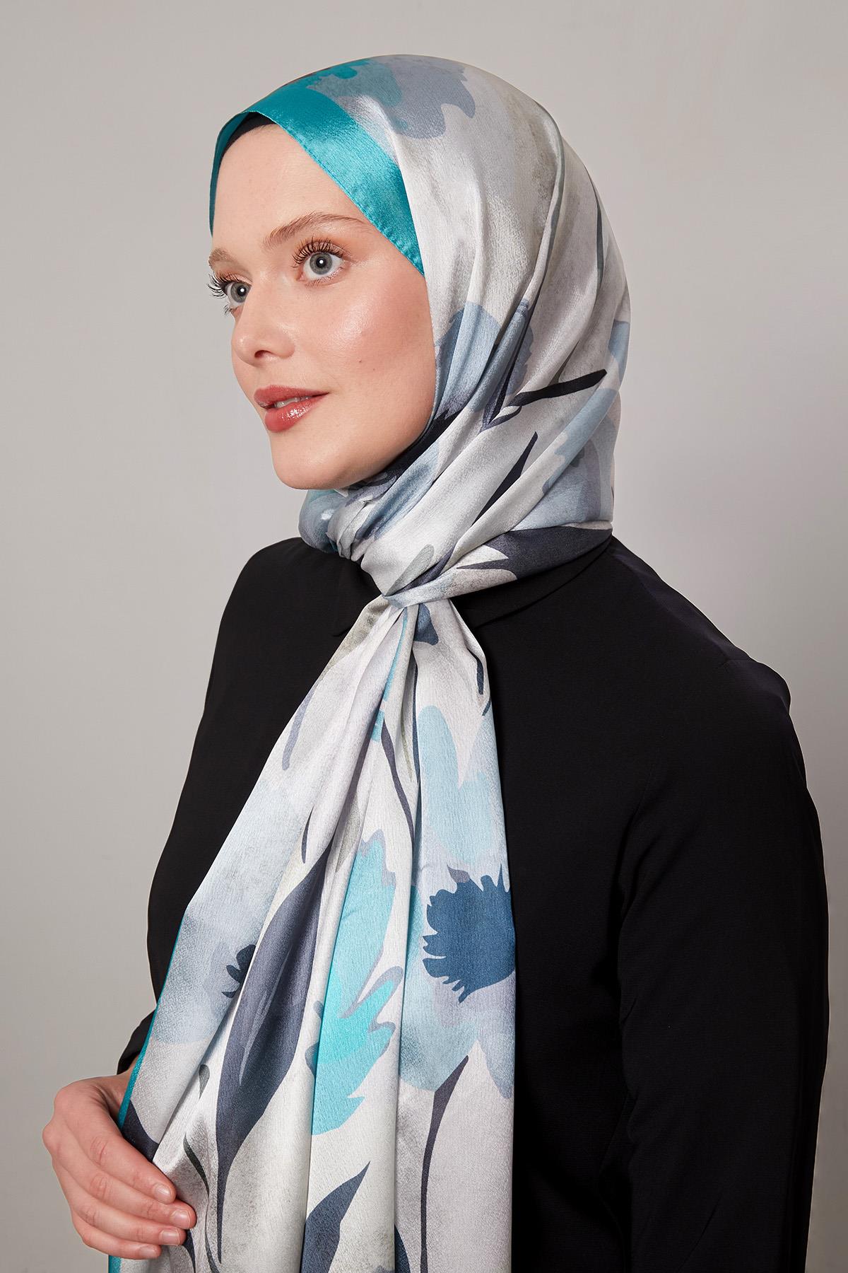 Fivescarf Turkuaz Somut Çiçek Desenli Vual İpek Şal