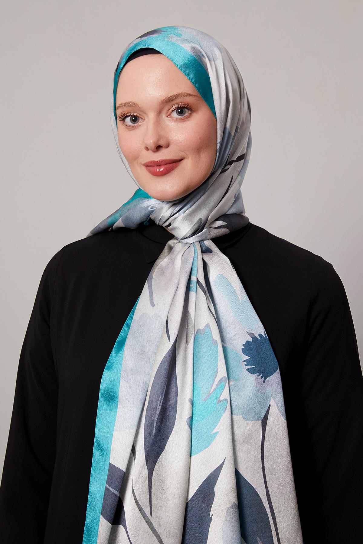 Fivescarf Turkuaz Somut Çiçek Desenli Vual İpek Şal