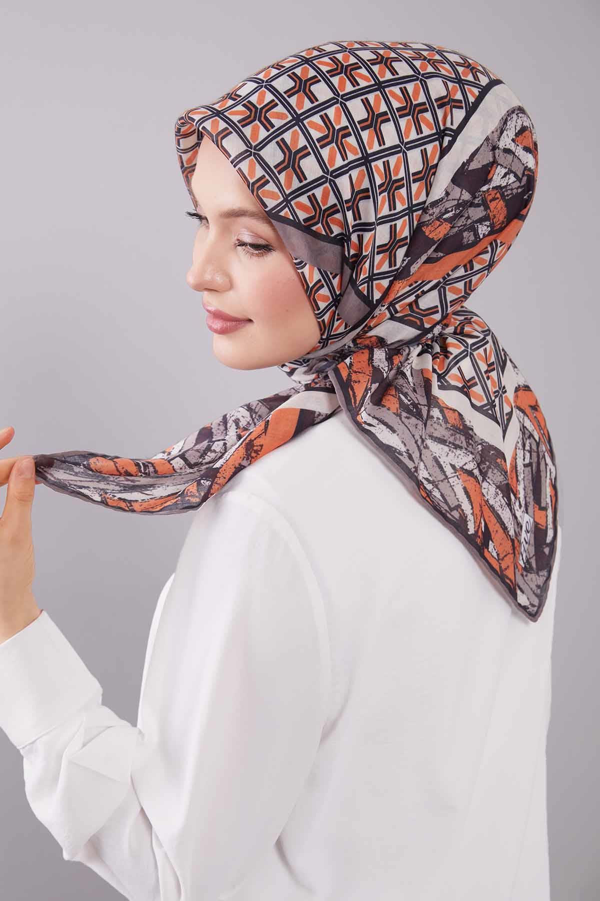 Fivescarf Turuncu Geometri Desen Silk Cotton Eşarp