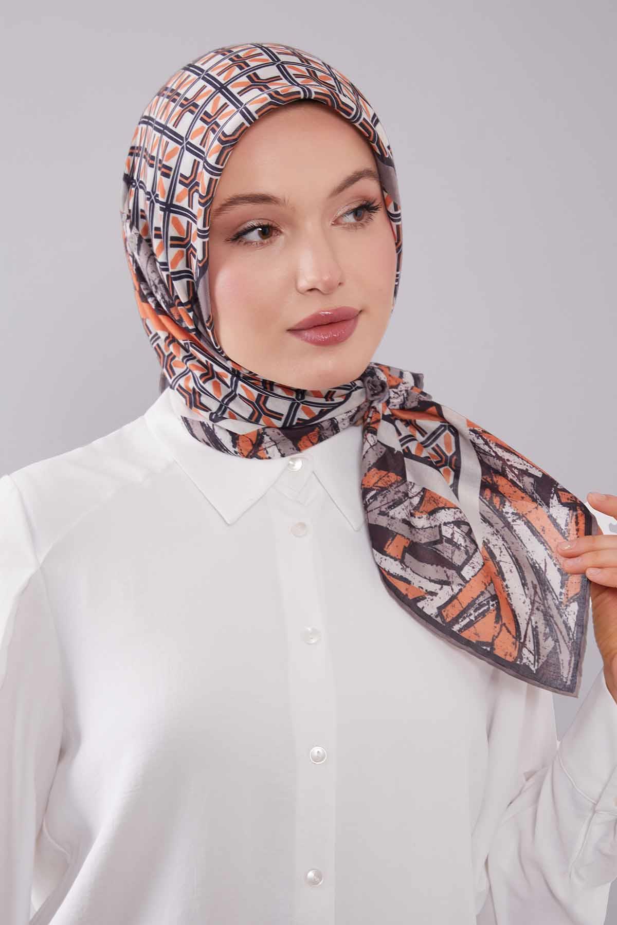 Fivescarf Turuncu Geometri Desen Silk Cotton Eşarp