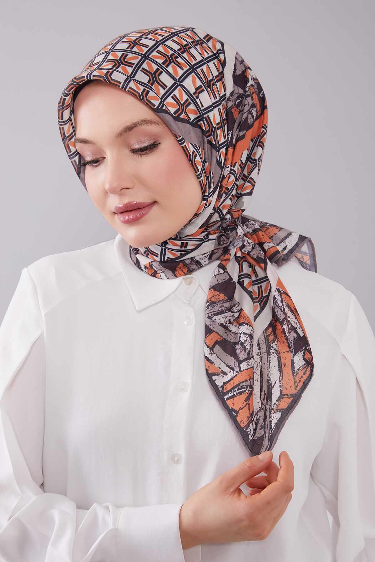 Fivescarf Turuncu Geometri Desen Silk Cotton Eşarp