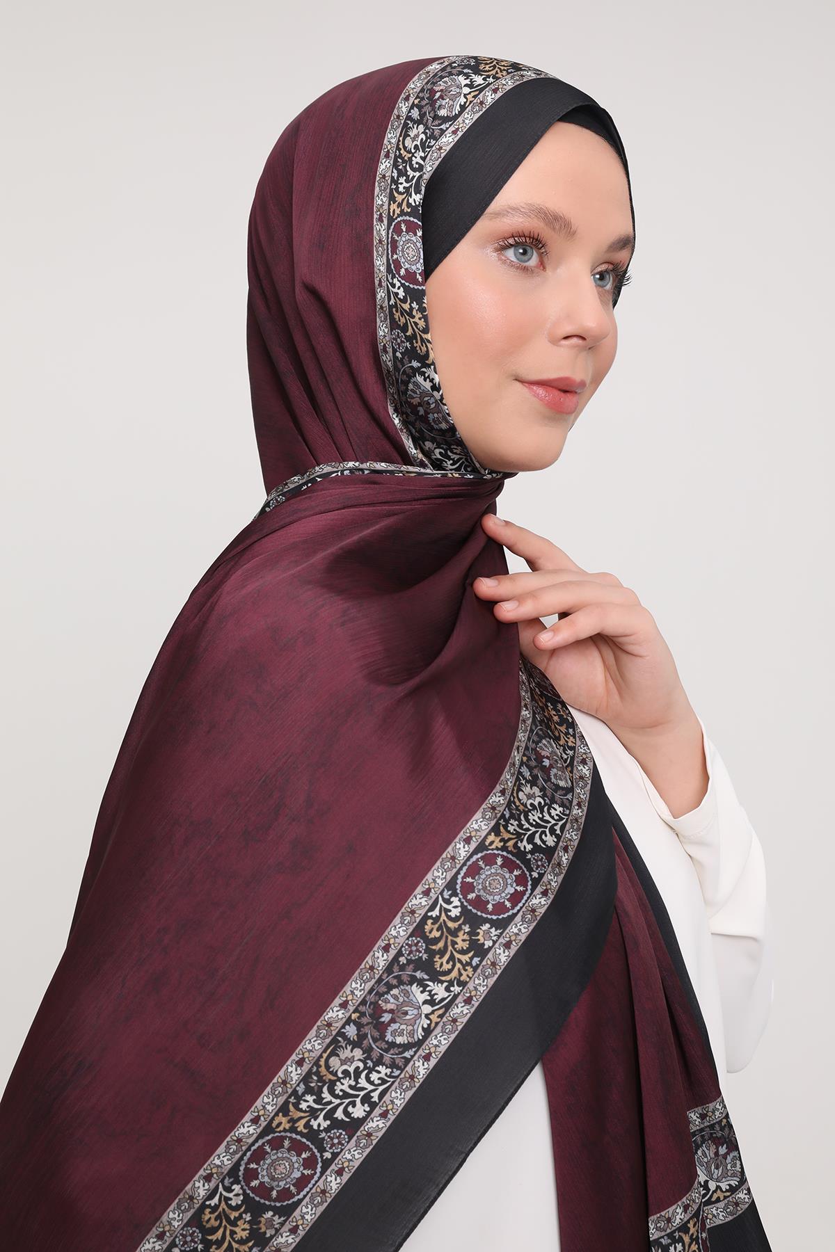 Fivescarf Vişne Şeritli Etnik Desen Brand Şal