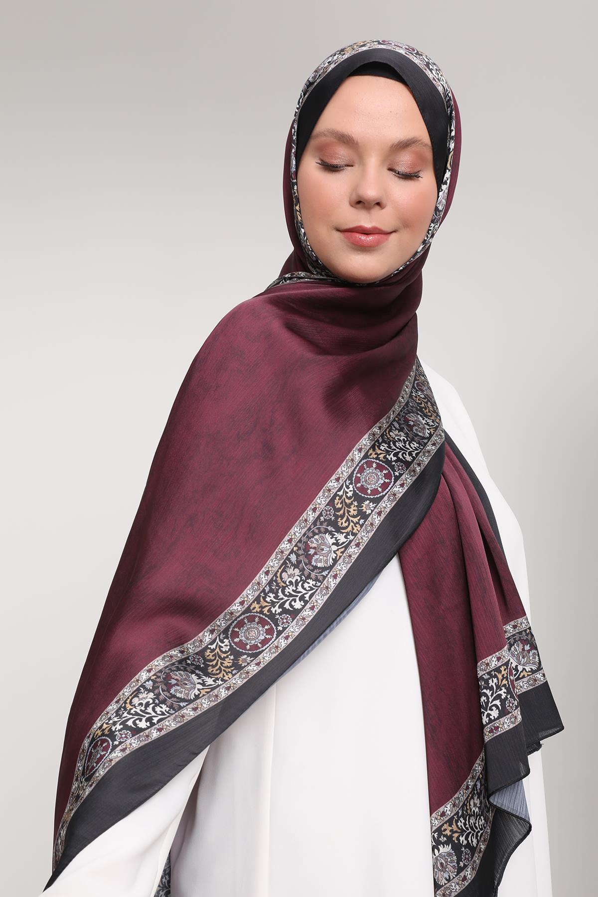 Fivescarf Vişne Şeritli Etnik Desen Brand Şal