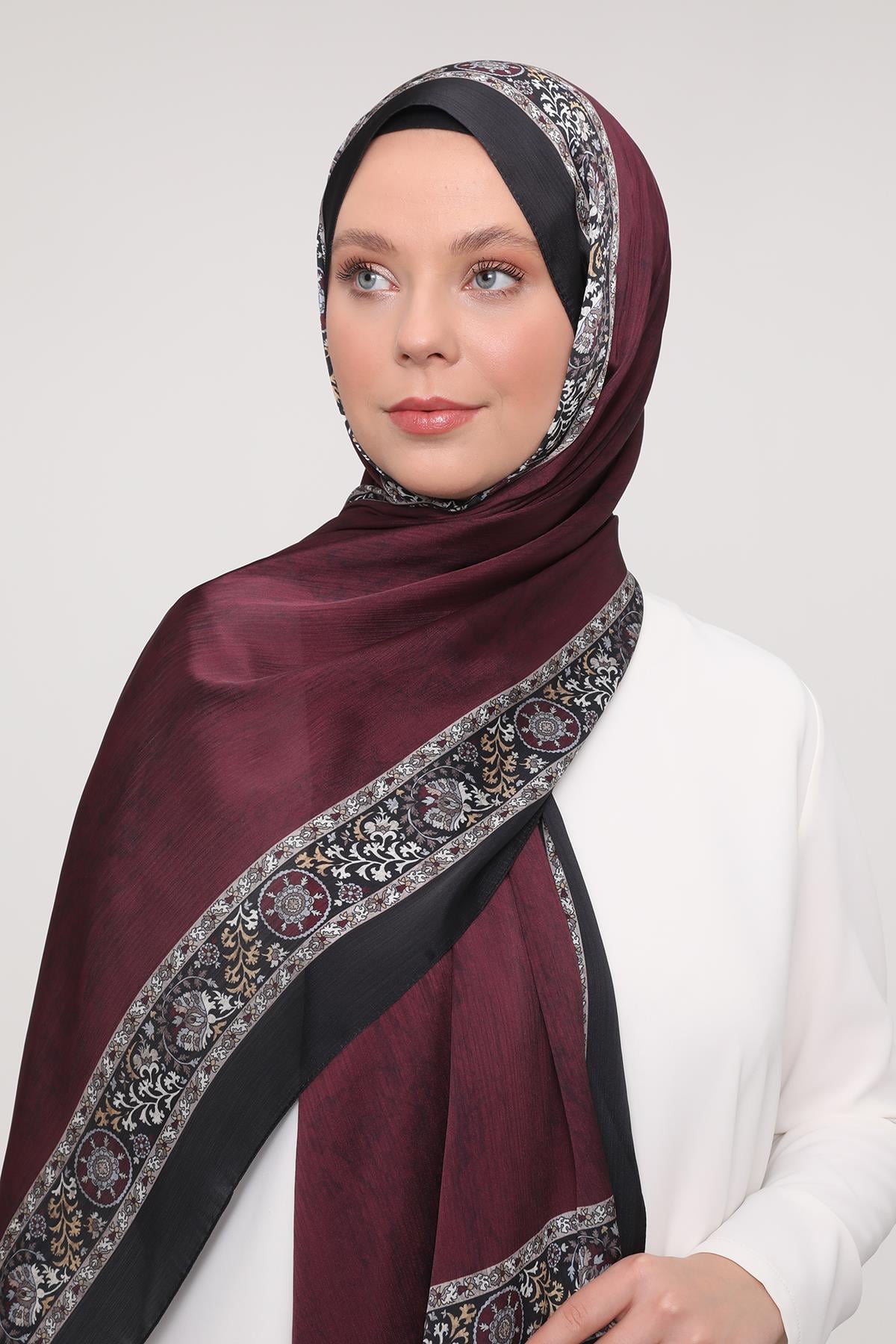 Fivescarf Vişne Şeritli Etnik Desen Brand Şal