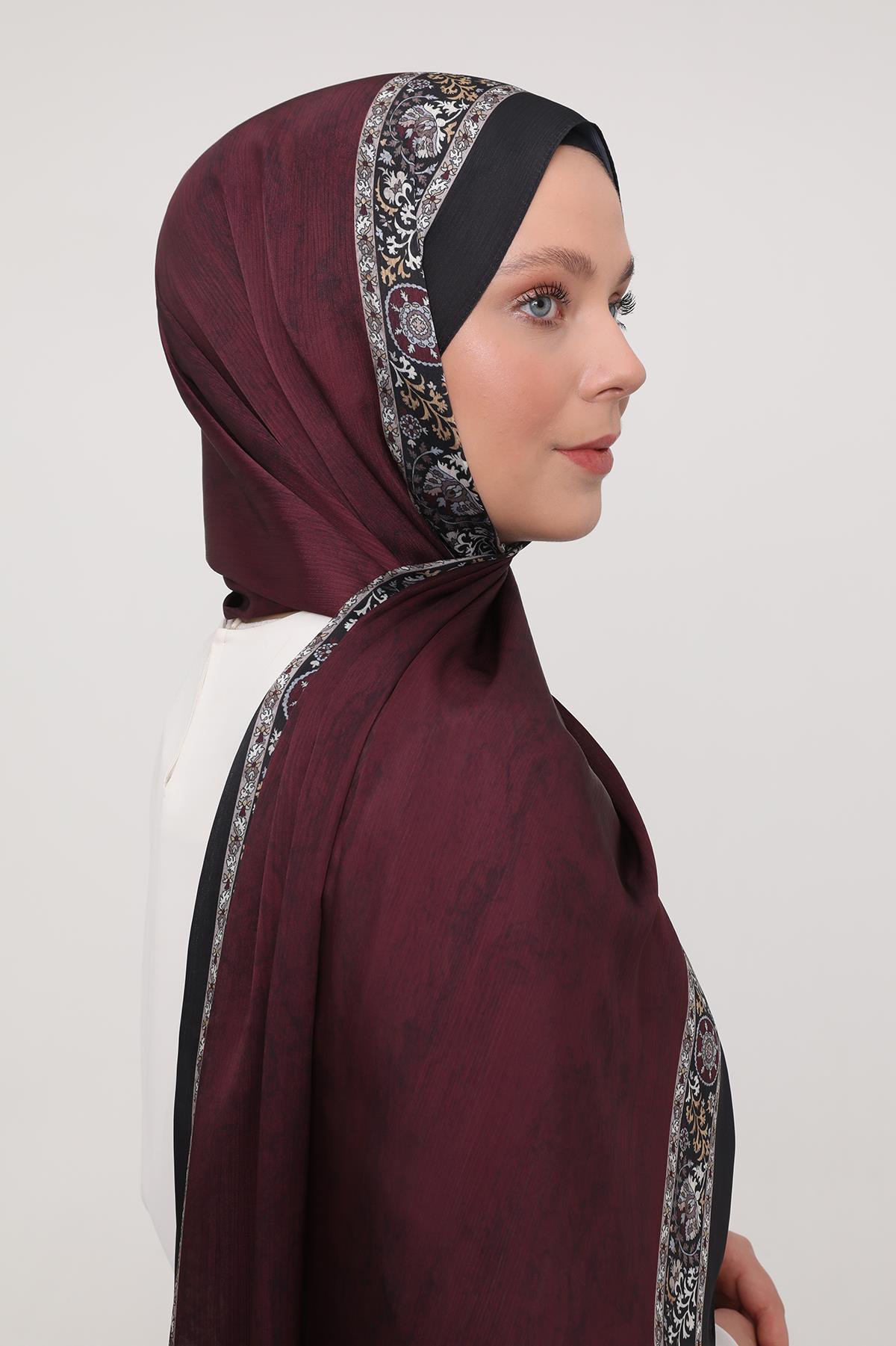Fivescarf Vişne Şeritli Etnik Desen Brand Şal