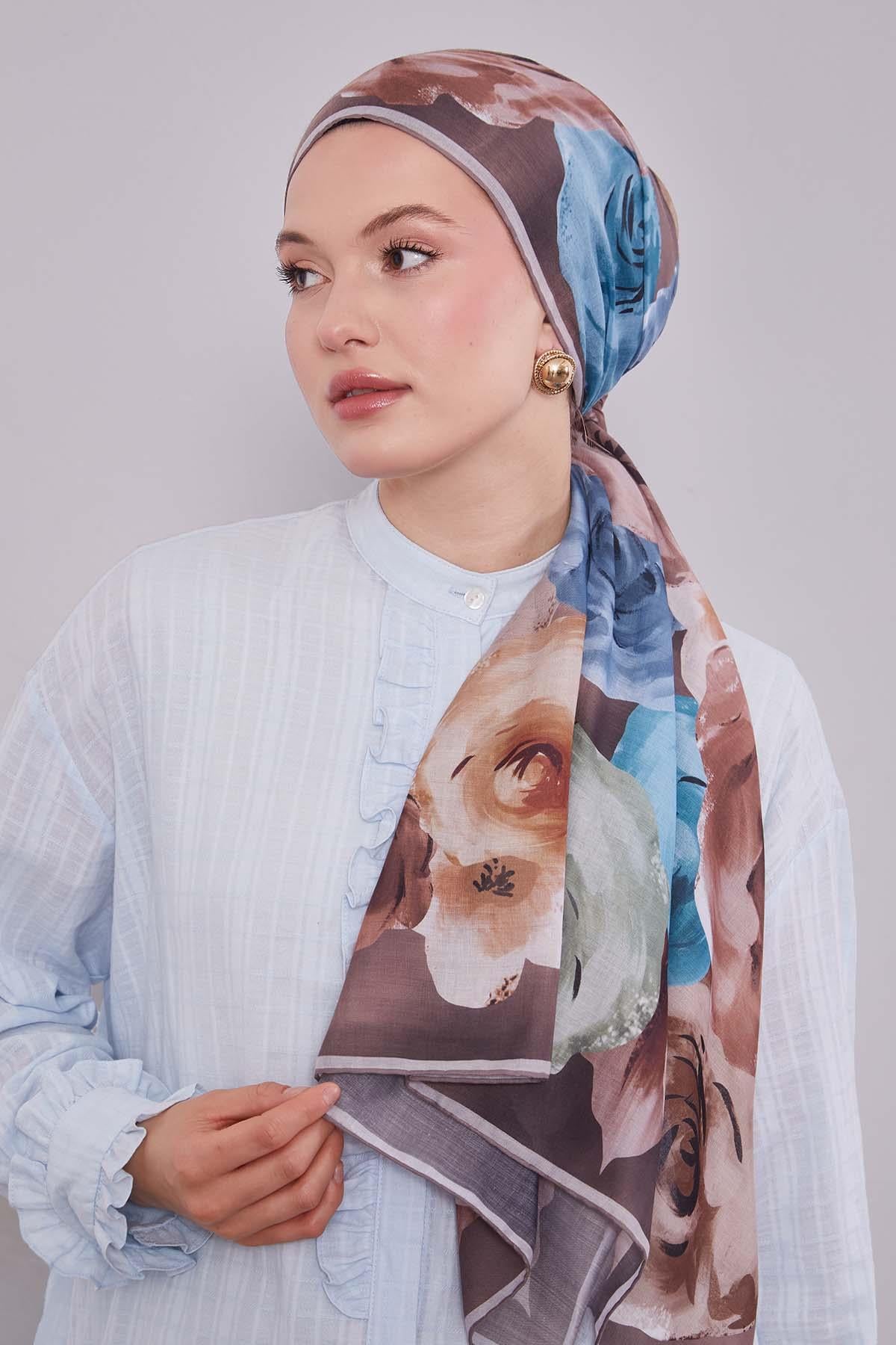 Fivescarf Vizon Çiçek Desen Slik Coton Eşarp