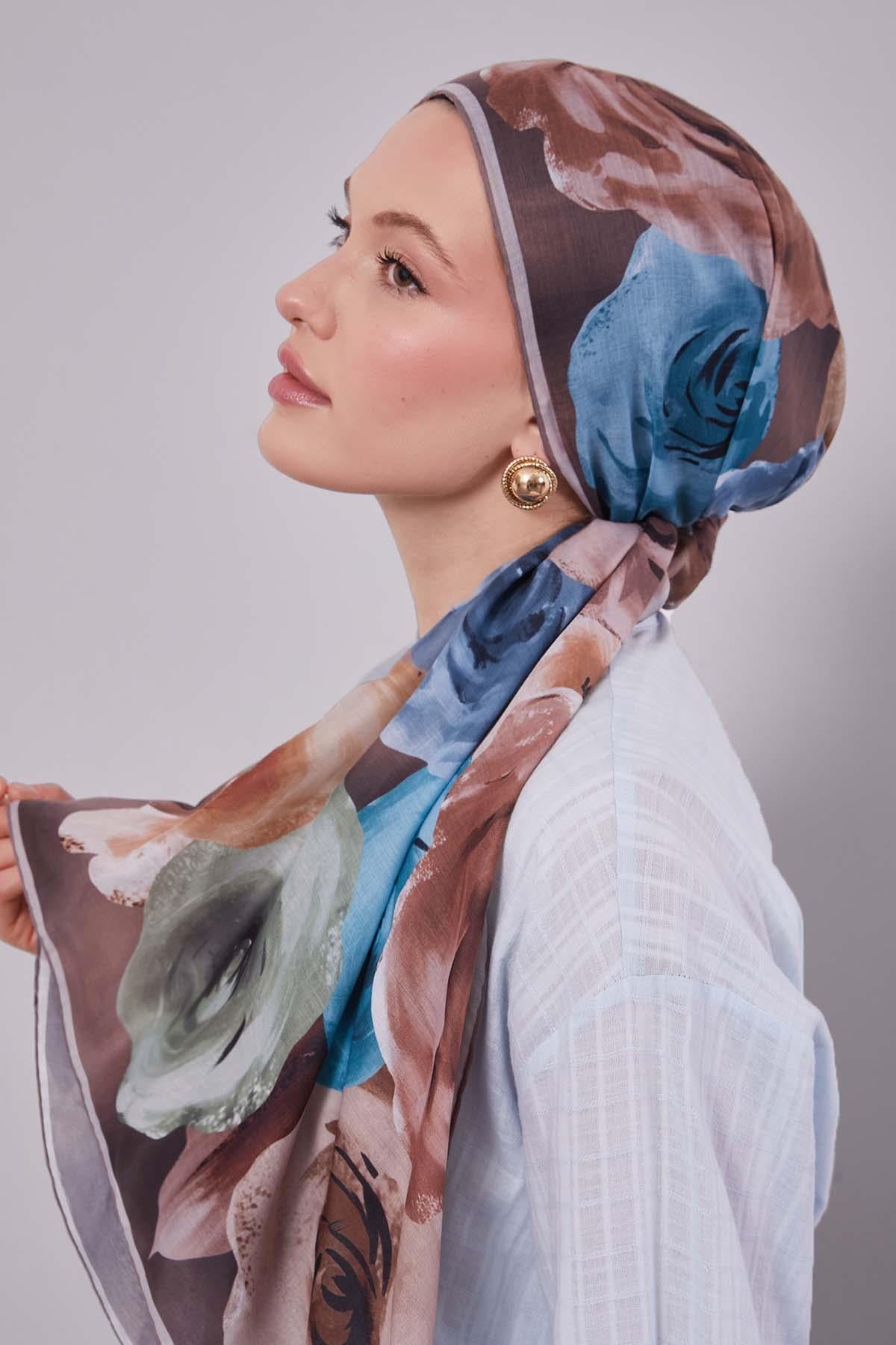 Fivescarf Vizon Çiçek Desen Slik Coton Eşarp