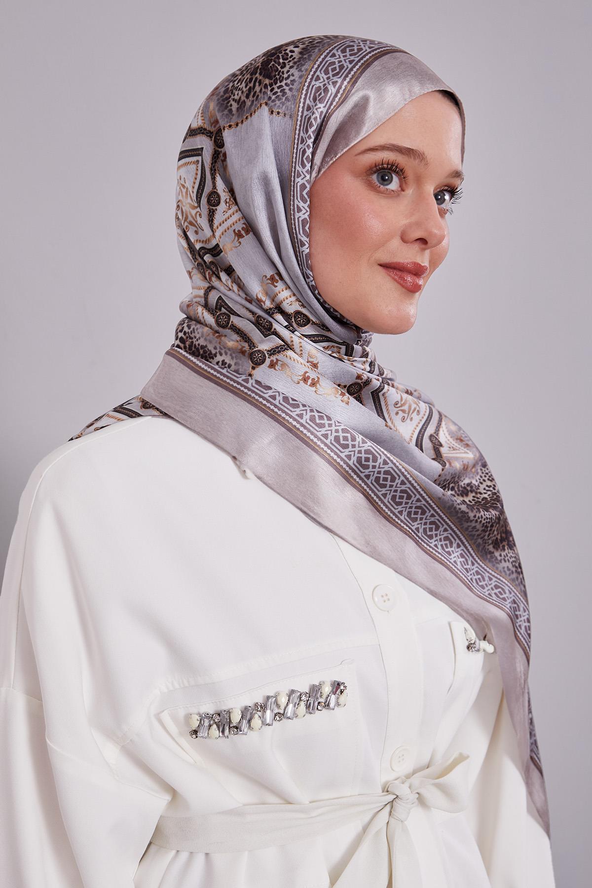 Fivescarf Vizon Geometrik Desen Vual İpek Şal