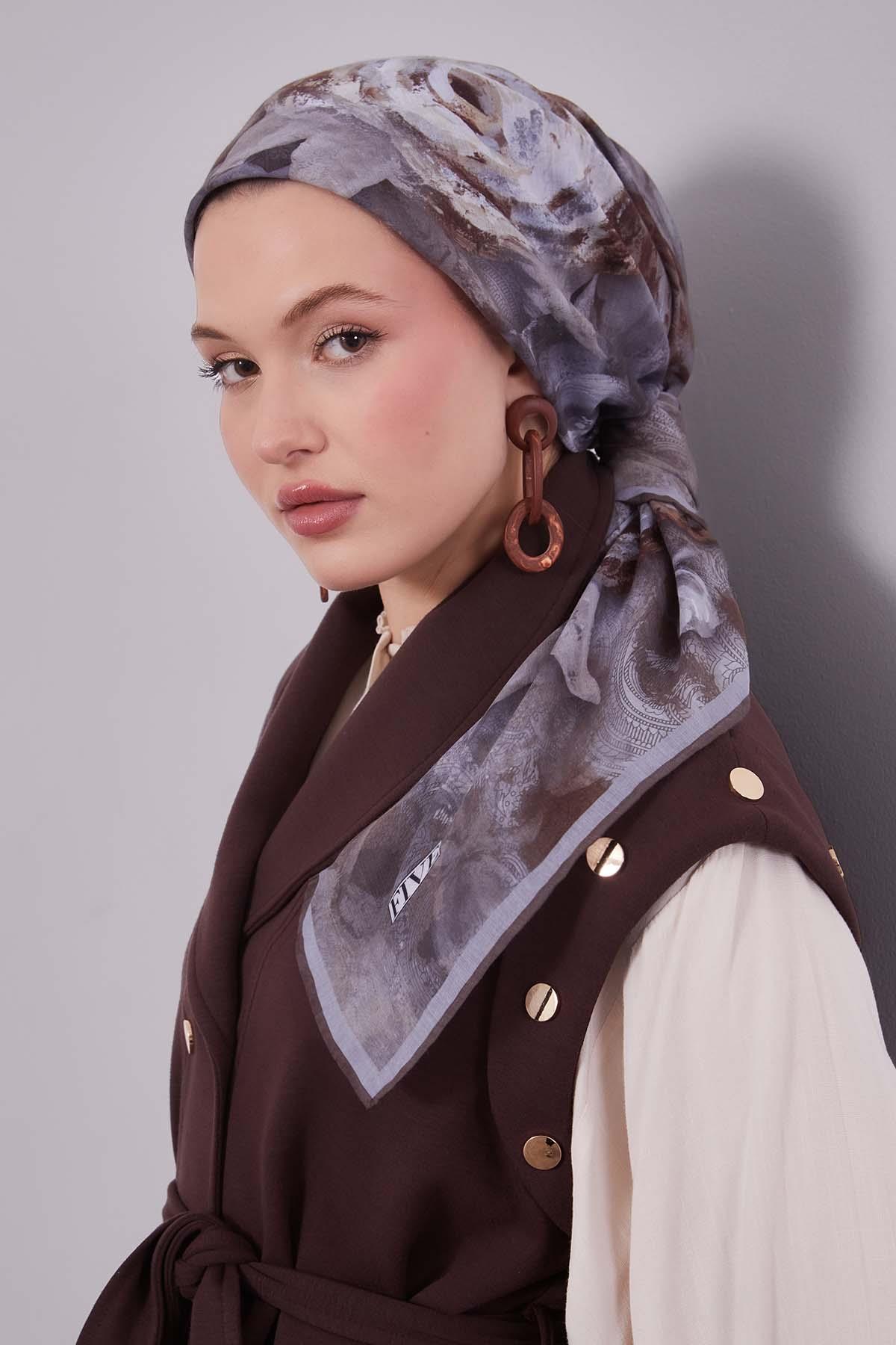 Fivescarf Vizon Lale Desen Silk Coton Eşarp
