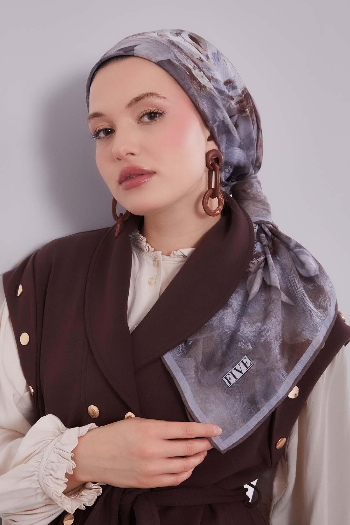 Fivescarf Vizon Lale Desen Silk Coton Eşarp