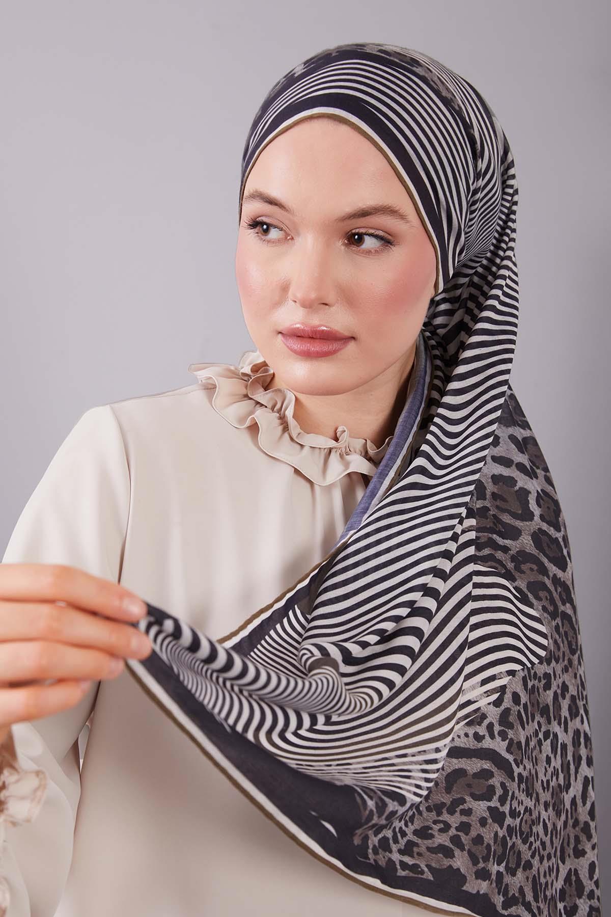 Fivescarf Vizon Leopar Desen Silk Coton Eşarp