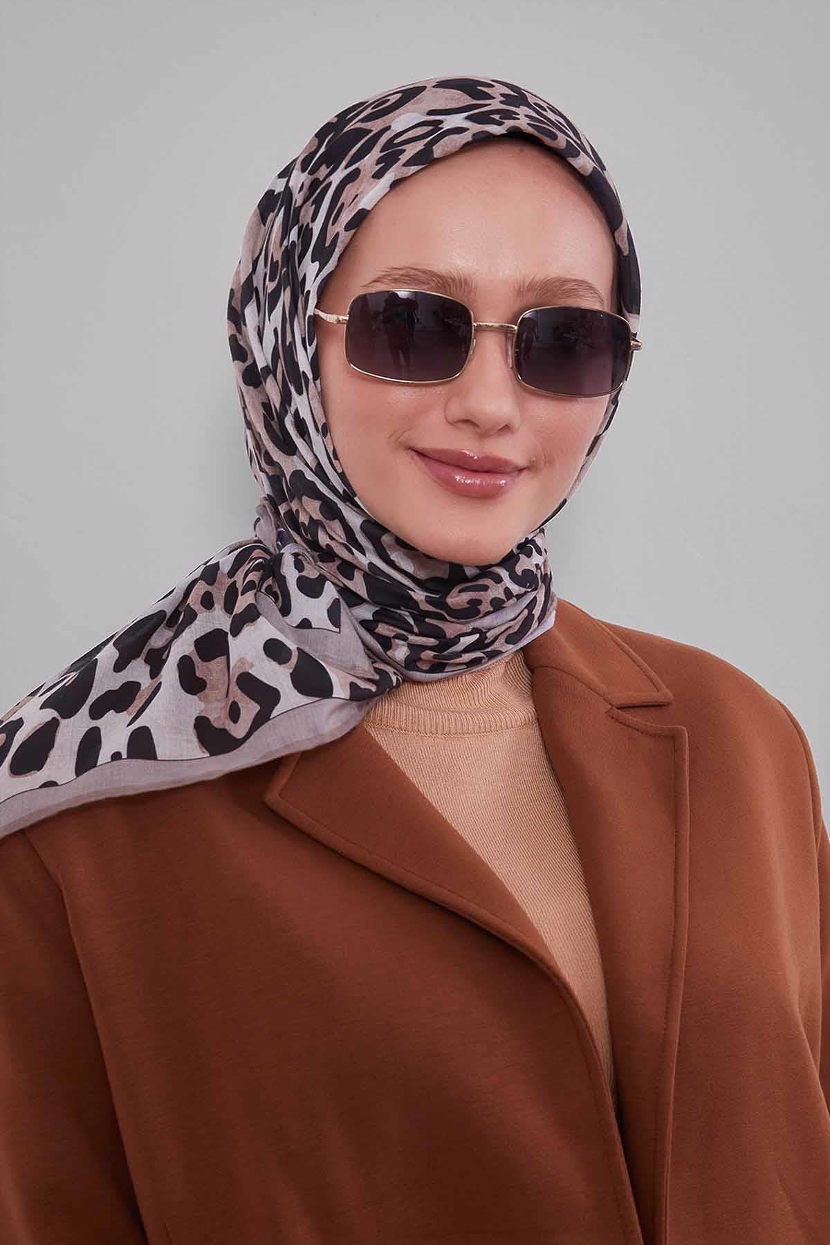 Fivescarf Vizon Leopar Desen Silk Coton Eşarp