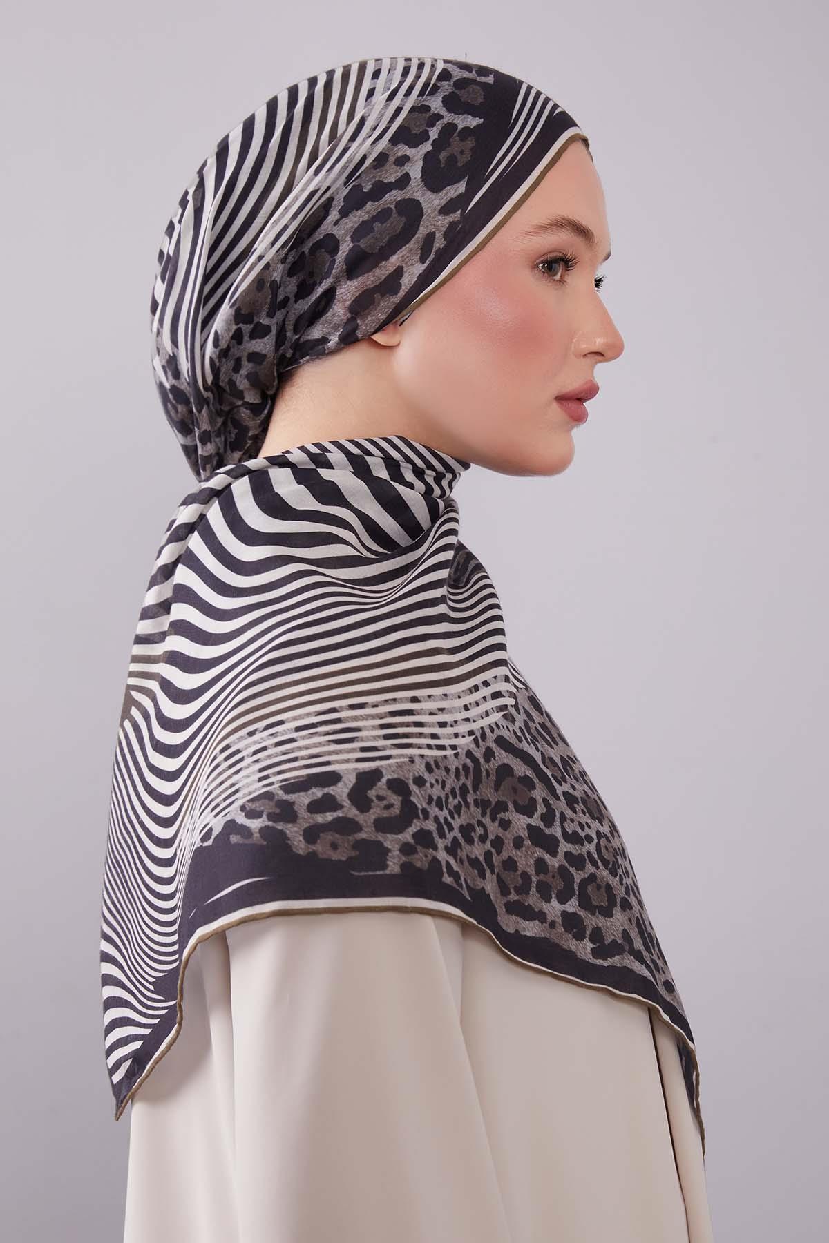 Fivescarf Vizon Leopar Desen Silk Coton Eşarp