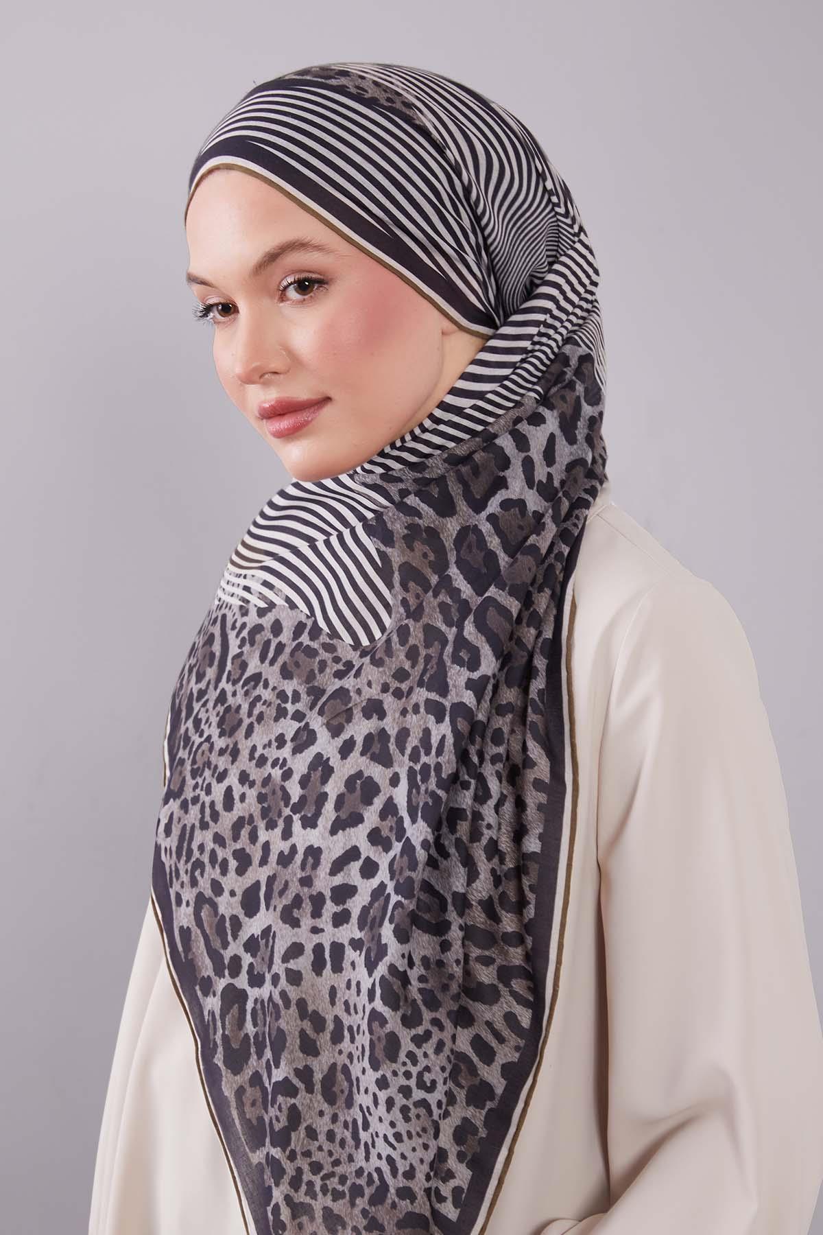 Fivescarf Vizon Leopar Desen Silk Coton Eşarp