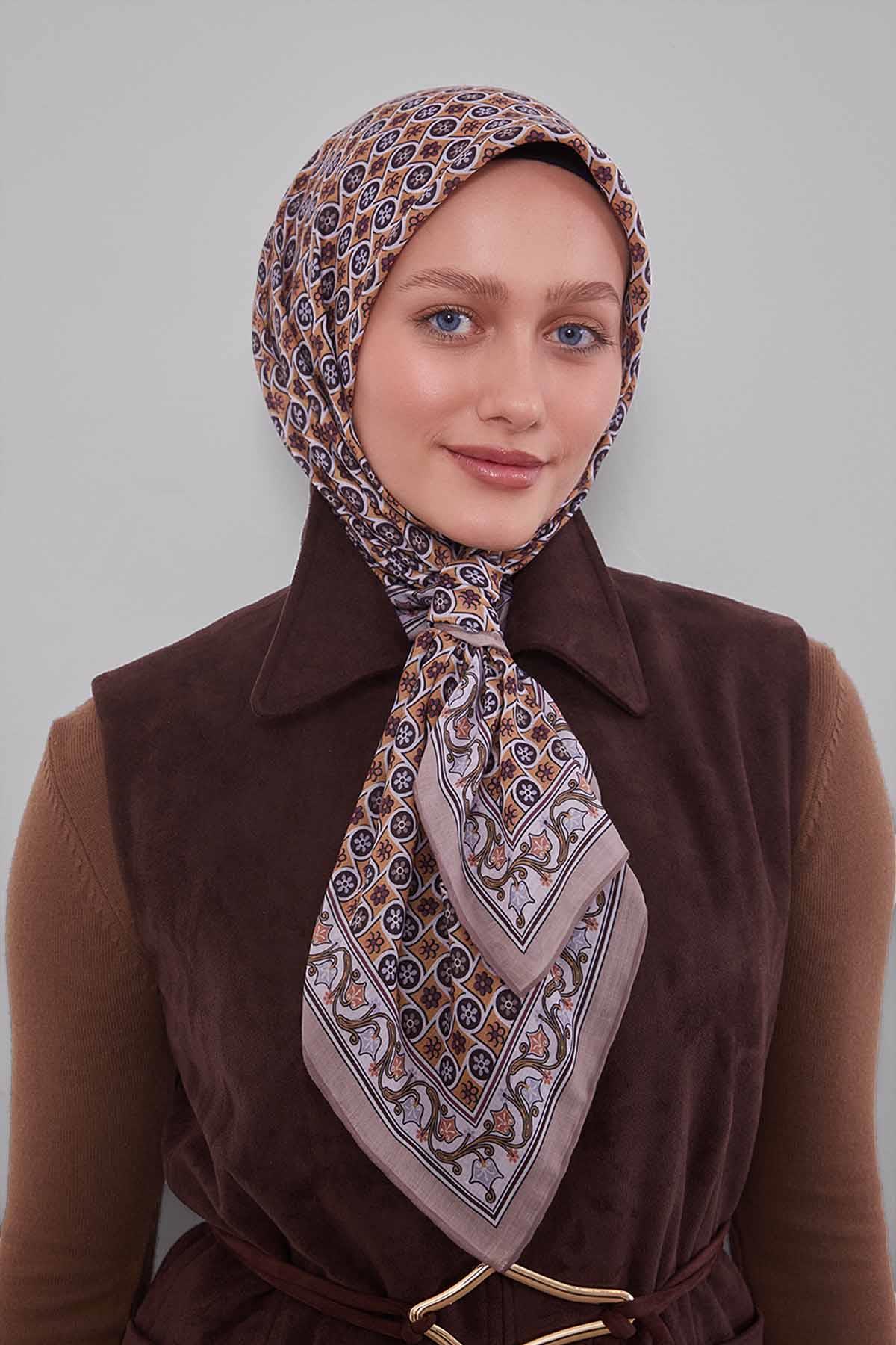 Fivescarf Vizon Papatya Desen Silk Coton Eşarp