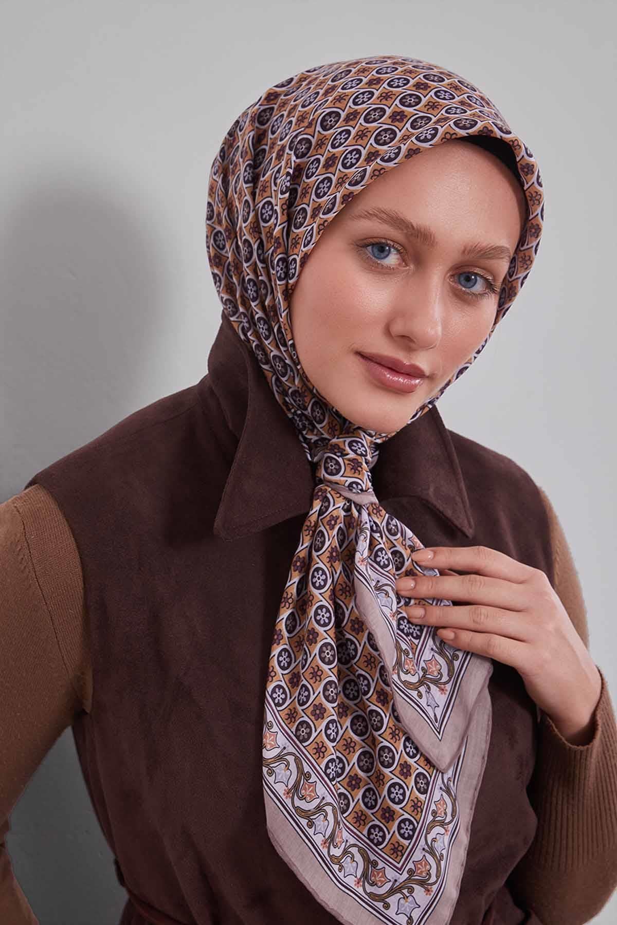 Fivescarf Vizon Papatya Desen Silk Coton Eşarp