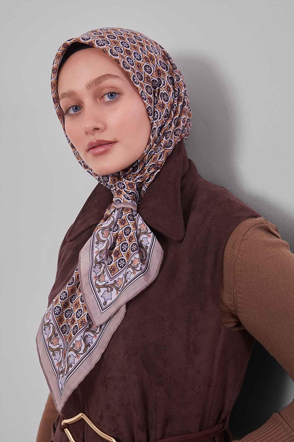 Fivescarf Vizon Papatya Desen Silk Coton Eşarp