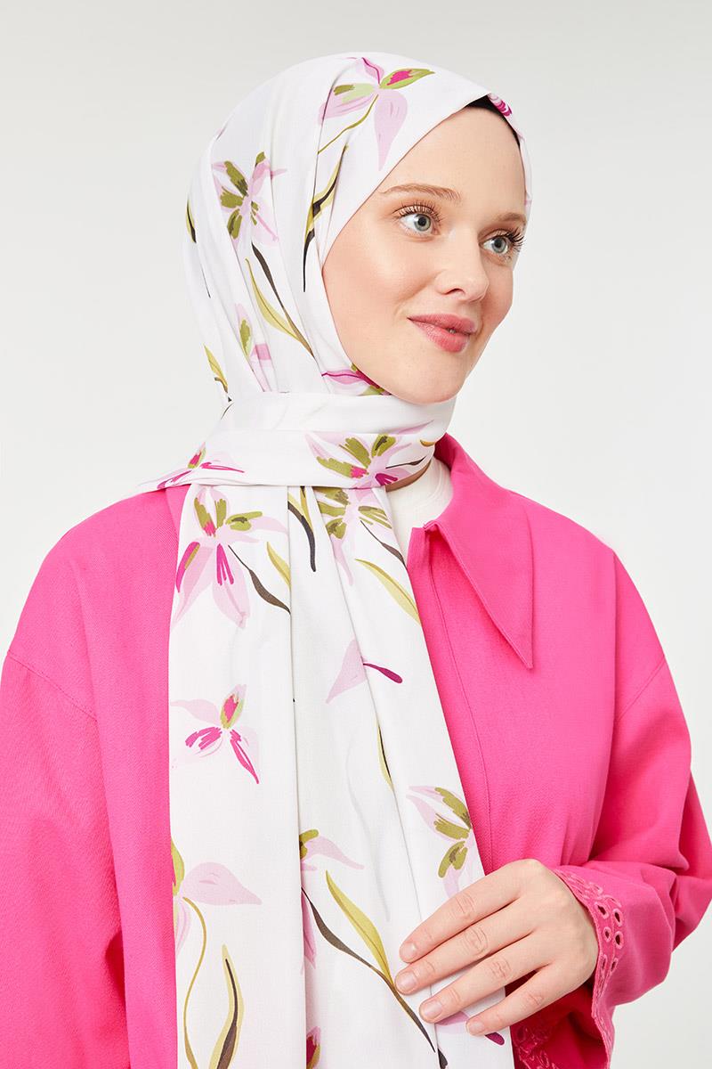 Fivescarf Yağ Yeşili Çiçek Baskılı Mono Krep Şal