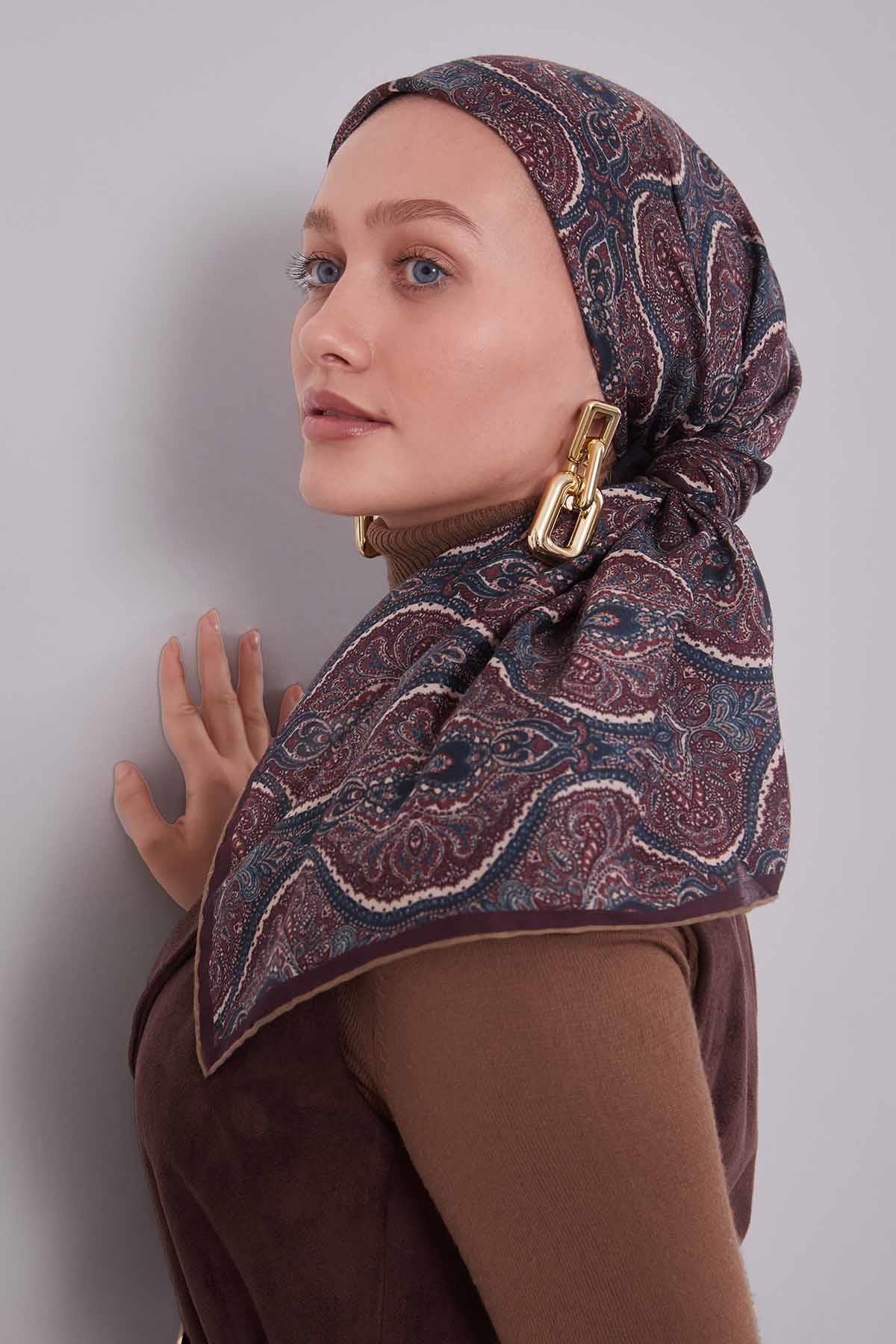 Fivescarf Yağ Yeşili Çini Desen Silk Coton Eşarp