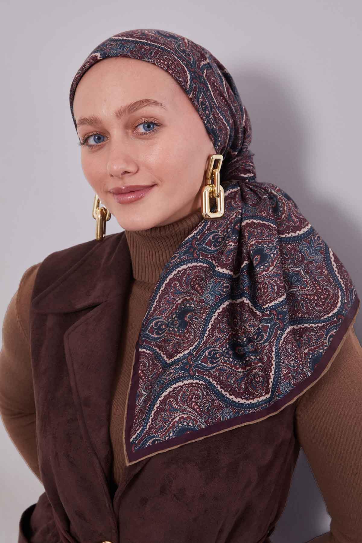 Fivescarf Yağ Yeşili Çini Desen Silk Coton Eşarp