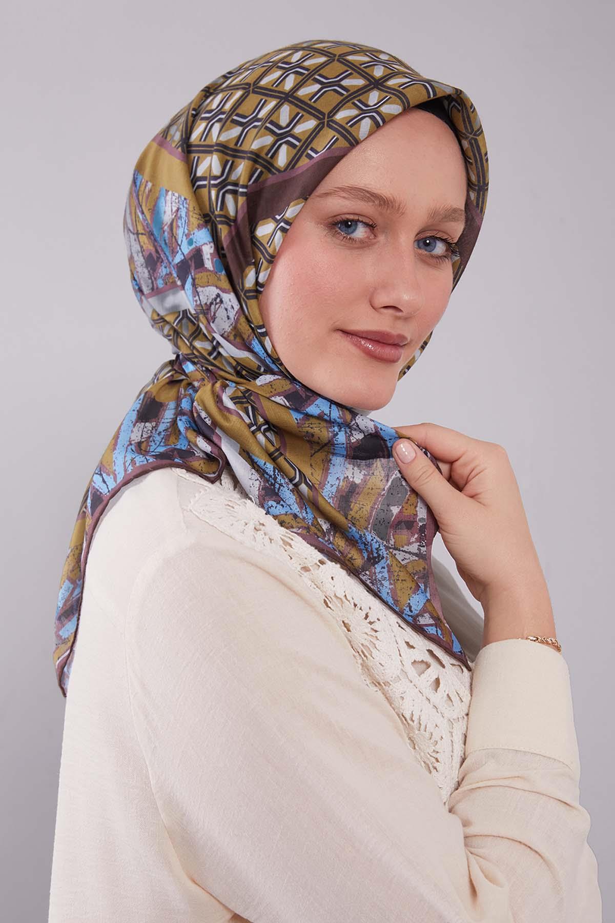 Fivescarf Yağ Yeşili Geometri Desen Silk Cotton Eşarp