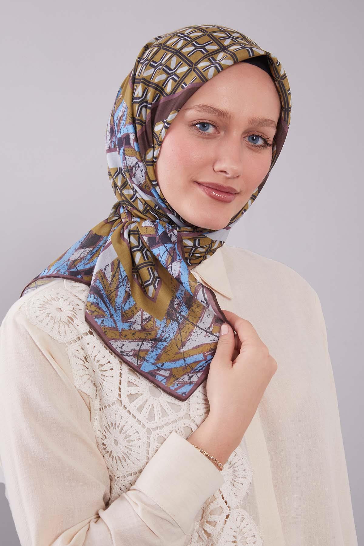 Fivescarf Yağ Yeşili Geometri Desen Silk Cotton Eşarp