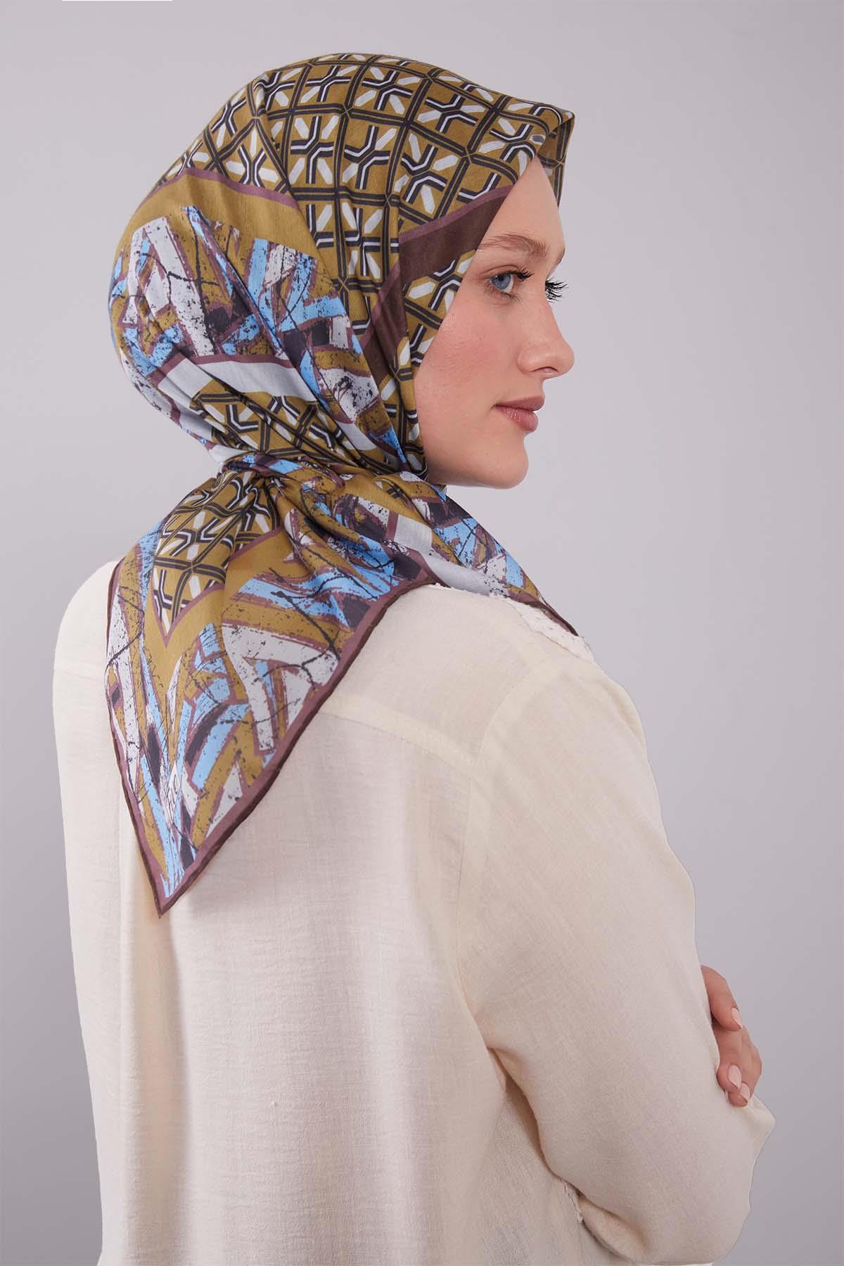 Fivescarf Yağ Yeşili Geometri Desen Silk Cotton Eşarp