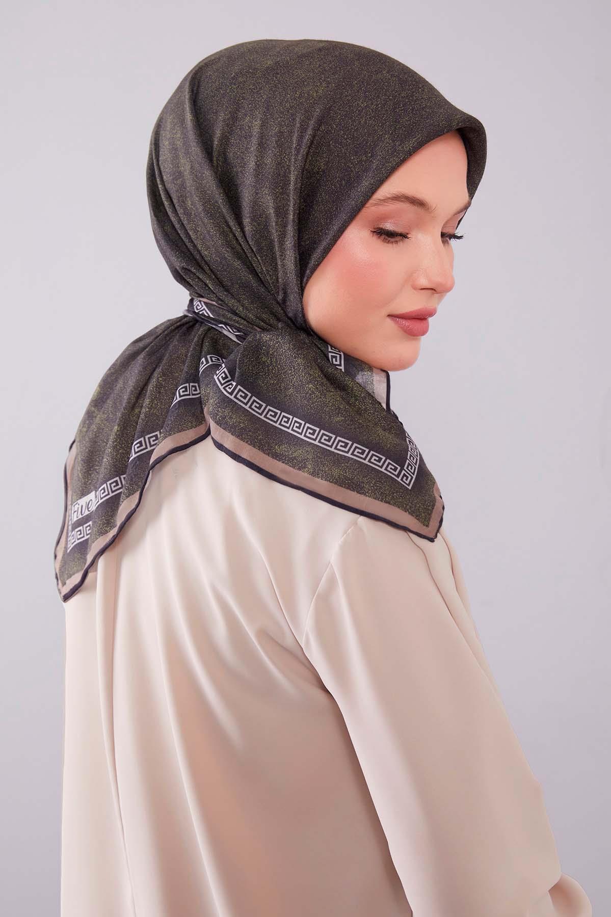 Fivescarf Yağ Yeşili Kenar Motifli Silk Cotton Eşarp