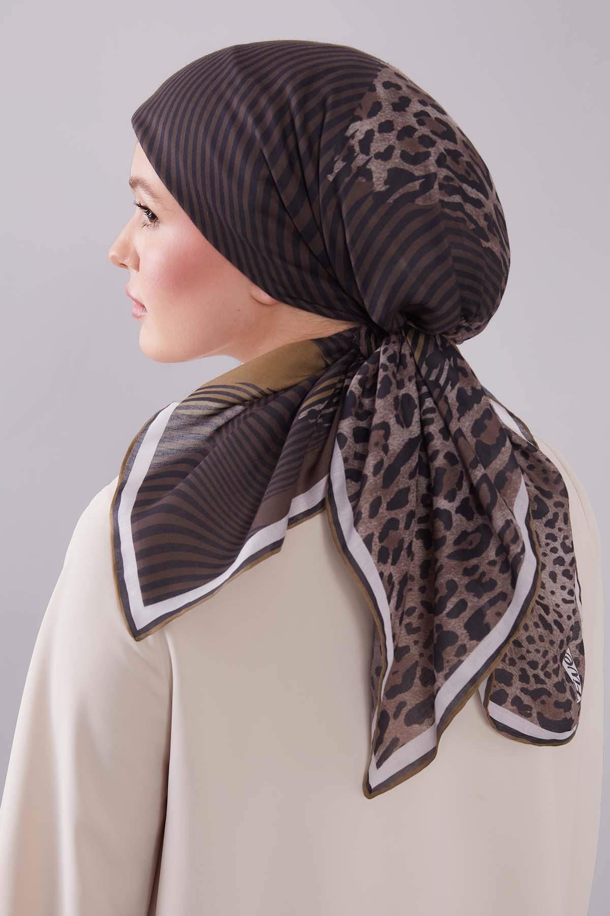 Fivescarf Yağ Yeşili Leopar Desen Silk Coton Eşarp