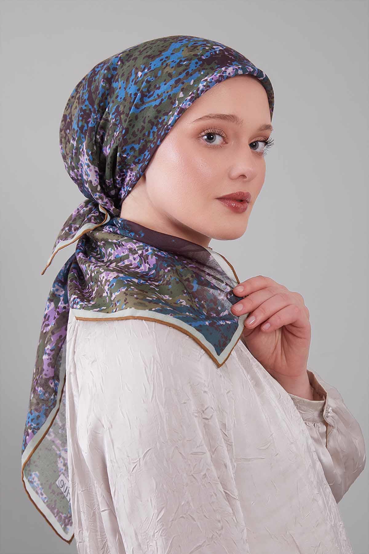 Fivescarf Yağ Yeşili Mozaik Desen Silk Coton Eşarp