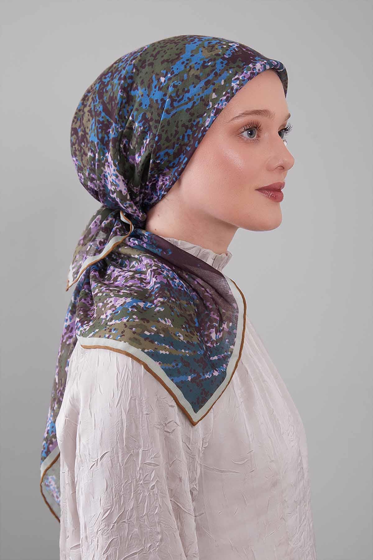 Fivescarf Yağ Yeşili Mozaik Desen Silk Coton Eşarp