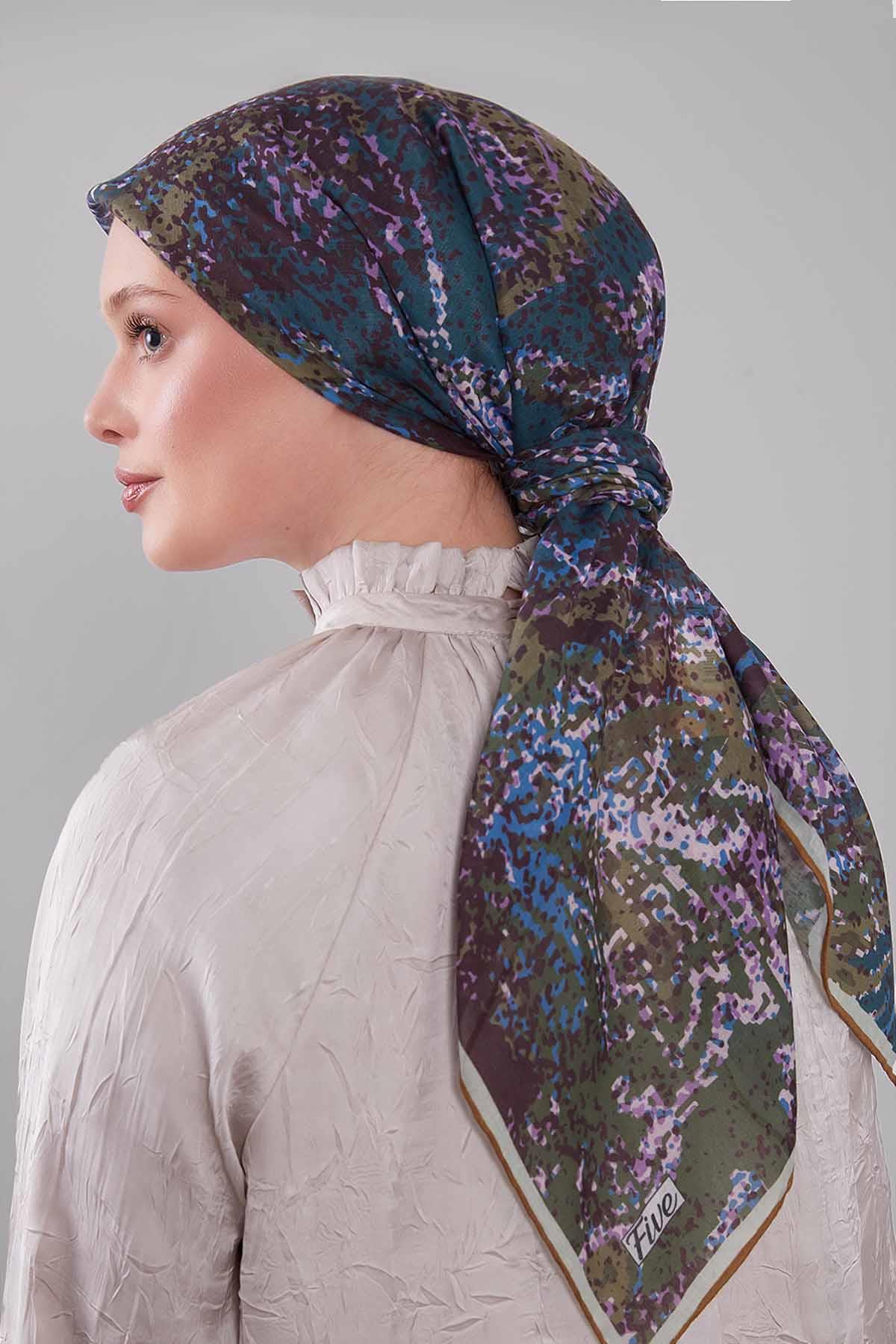 Fivescarf Yağ Yeşili Mozaik Desen Silk Coton Eşarp