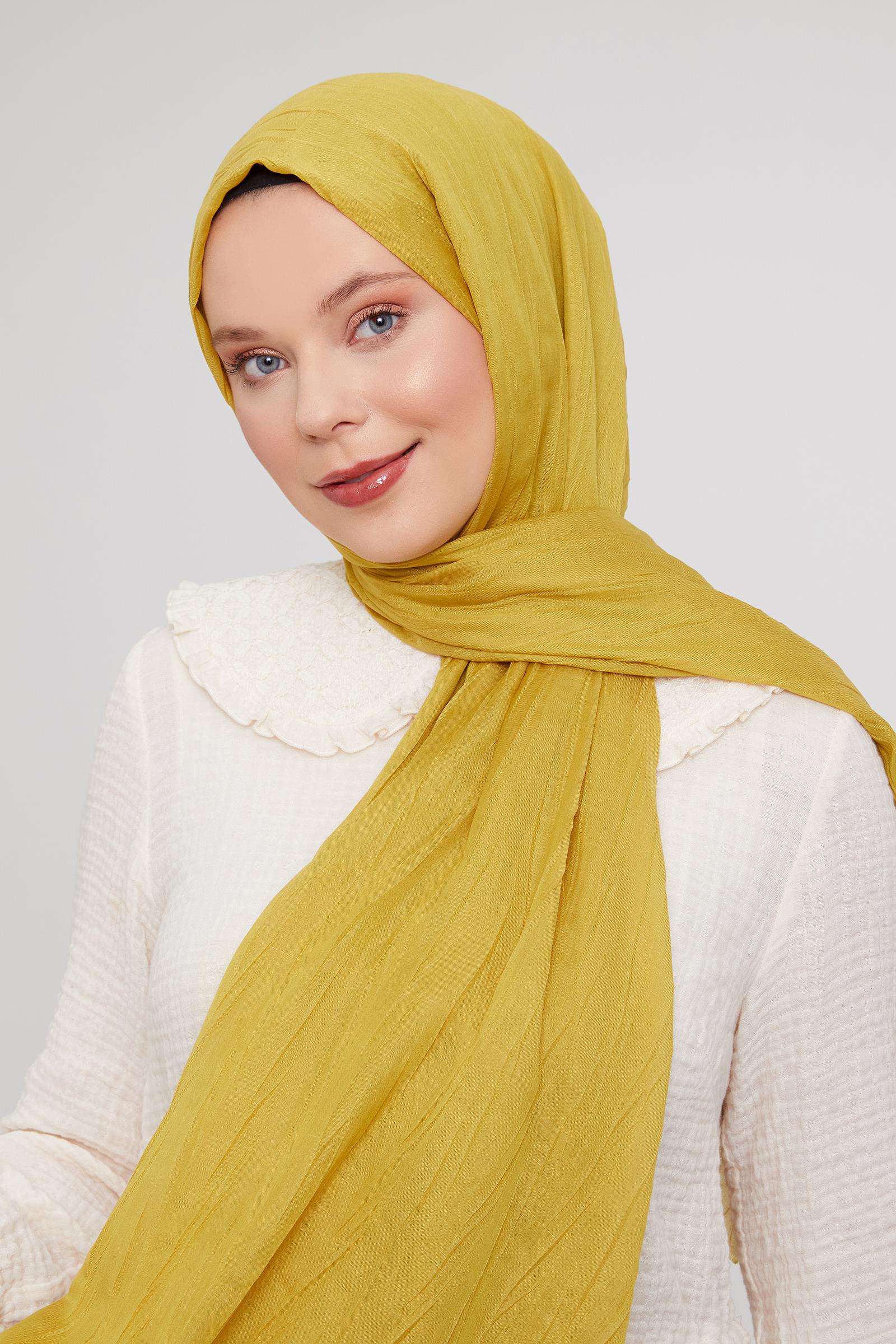 Fivescarf Yağ Yeşili Pliseli Pamuklu Şal