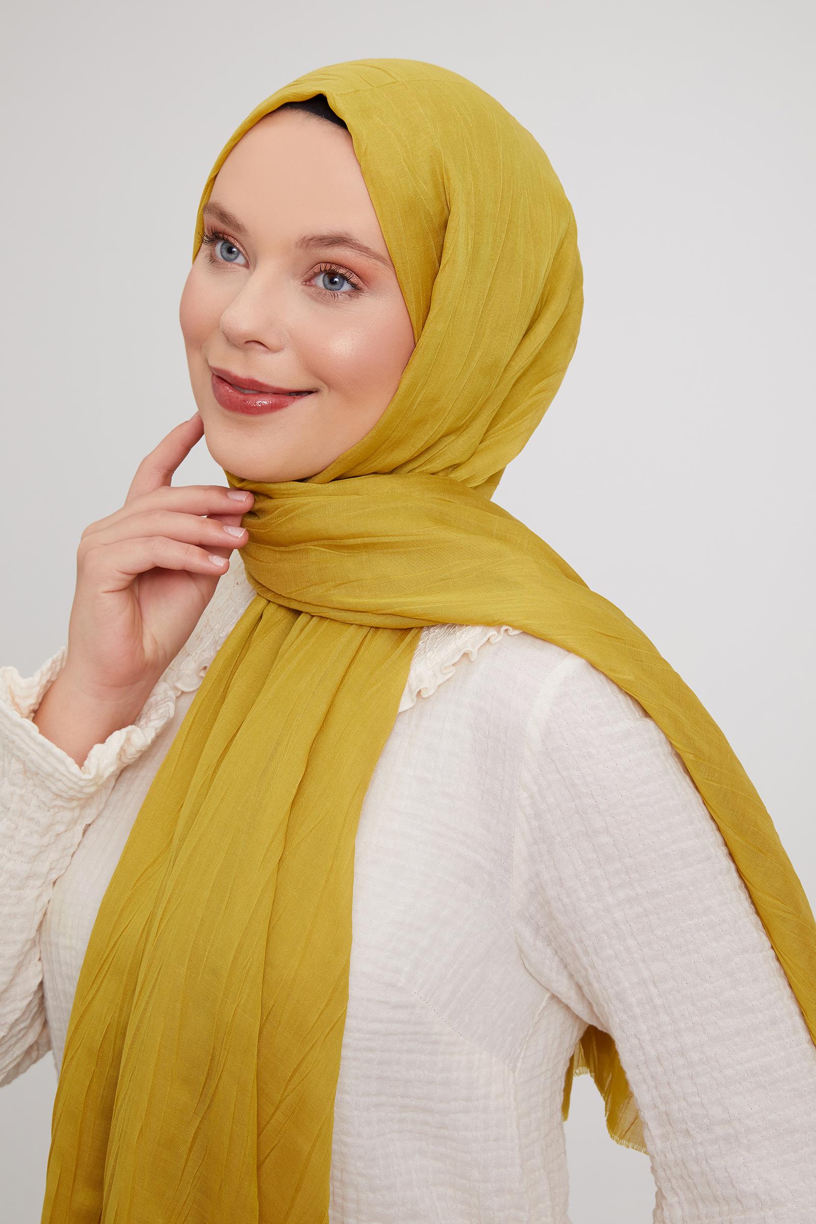 Fivescarf Yağ Yeşili Pliseli Pamuklu Şal