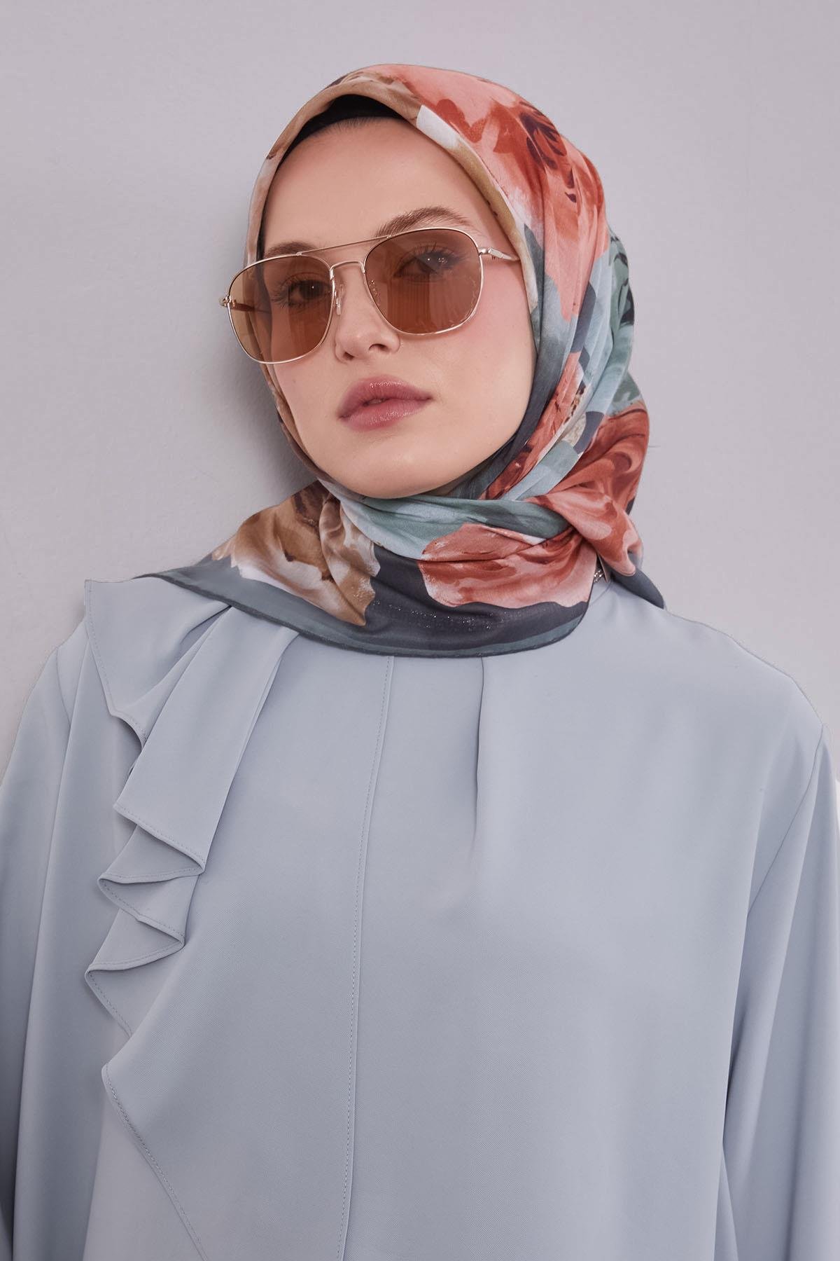 Fivescarf Yeşil Çiçek Desen Slik Coton Eşarp