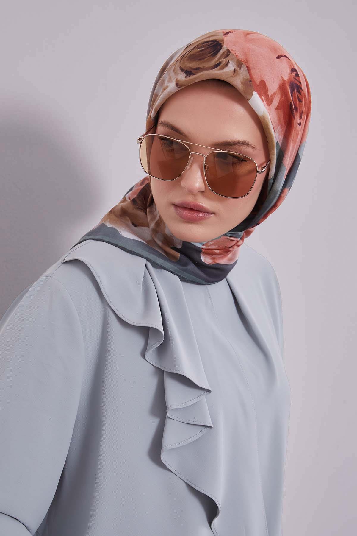 Fivescarf Yeşil Çiçek Desen Slik Coton Eşarp